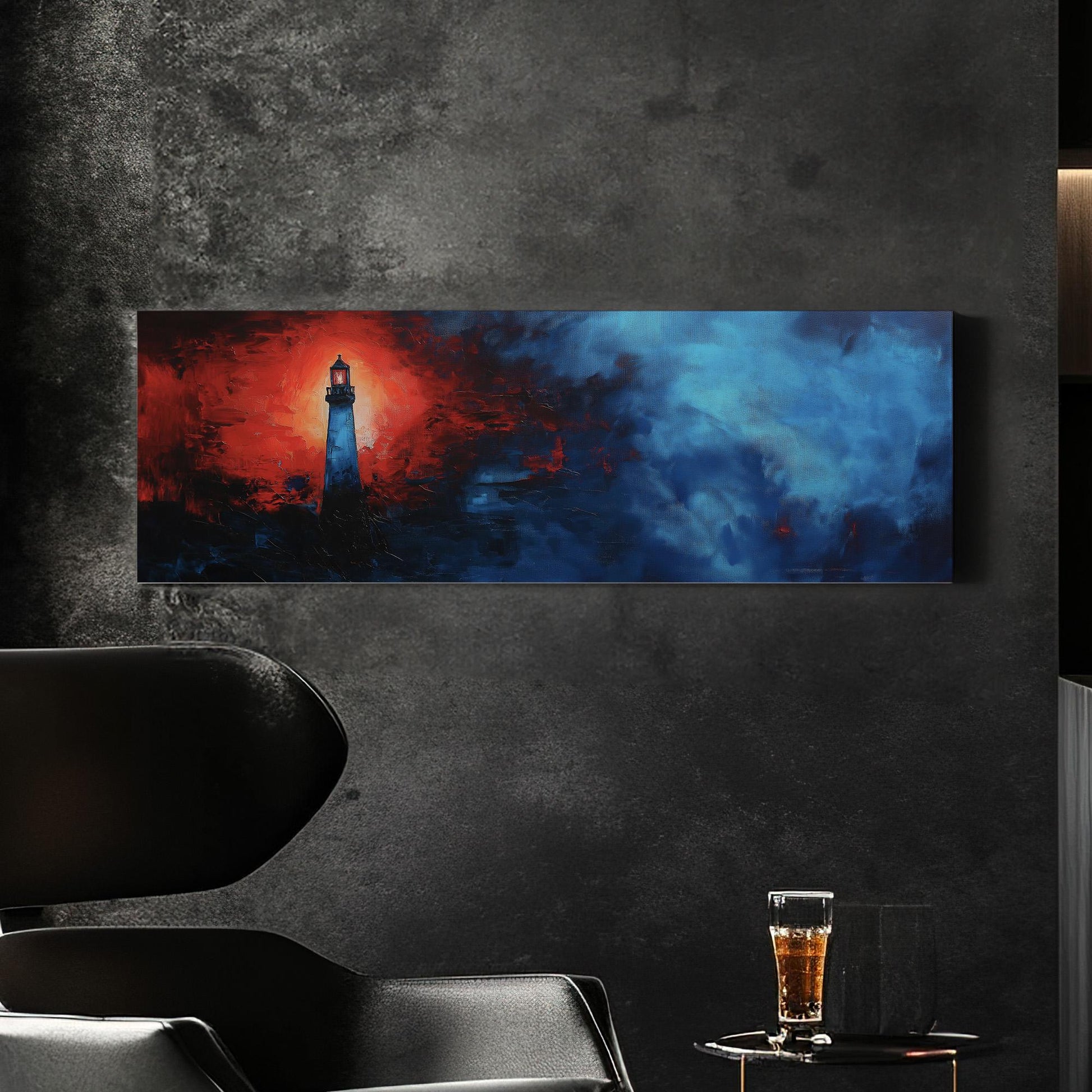 Red Lighthouse In The Huge Fog Panoramic Wall Art Lakehouse, Panorama Boathouse Canvas Print, Sea Coast Decor Canvas Art