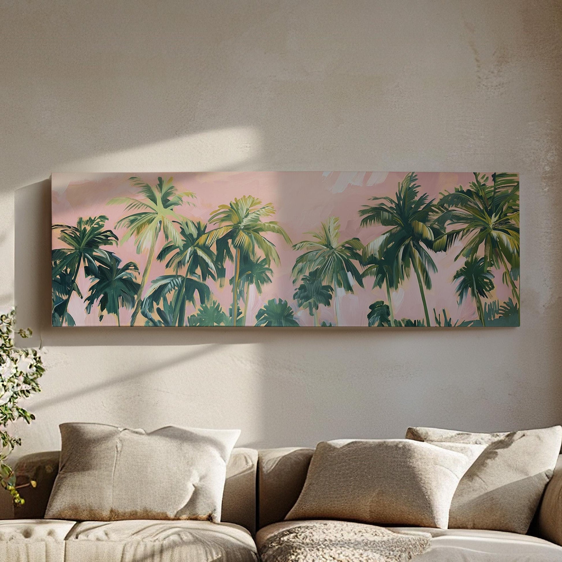 Florida Palm Tree Oil Panoramic Wall Art Coastal, Panorama Tropical Canvas Print, Summer Decor Canvas Art