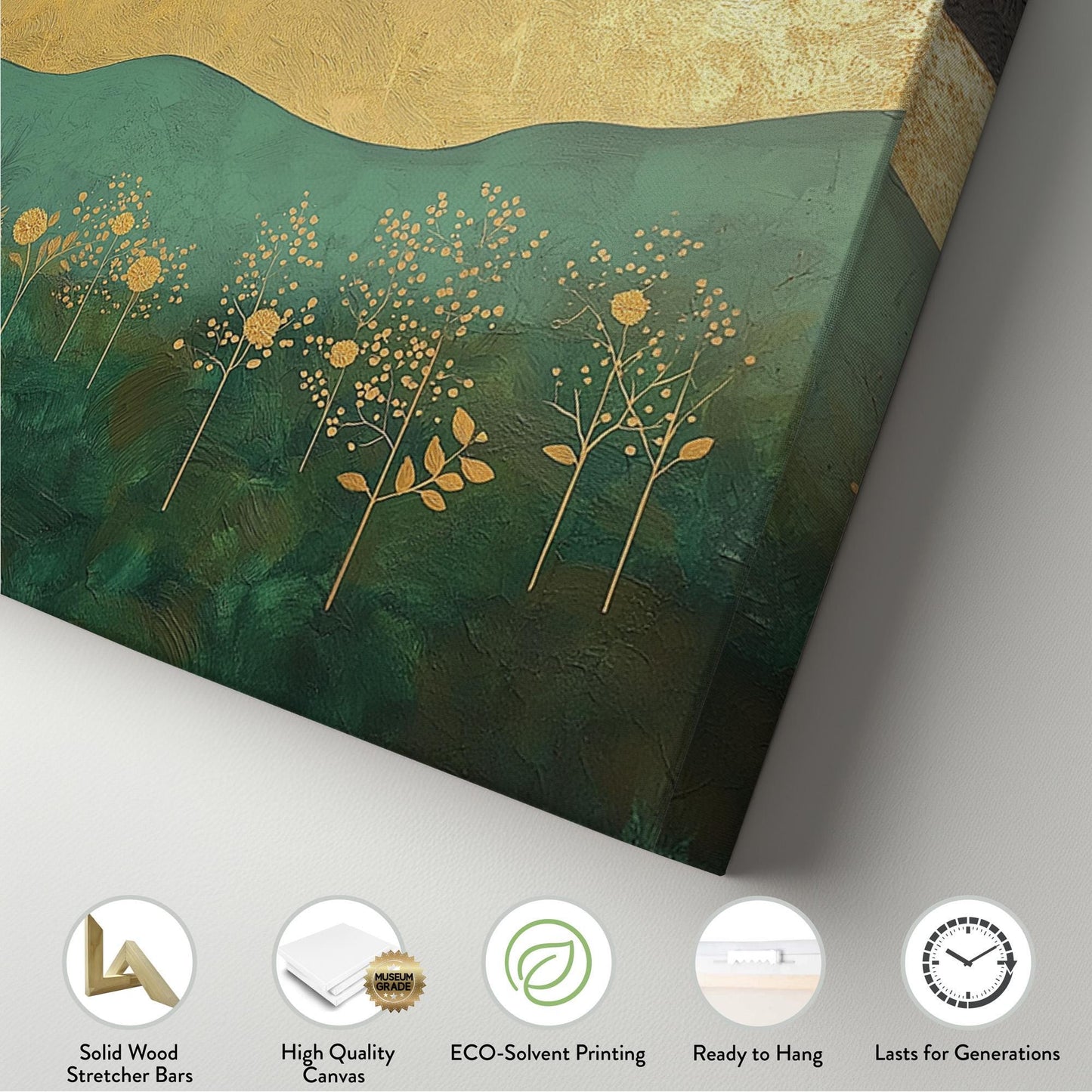 Golden Floral Landscape Panoramic Wall Art Emerald Green, Panorama Beautiful Landscape Canvas Print, Rustic Country Decor Canvas Art