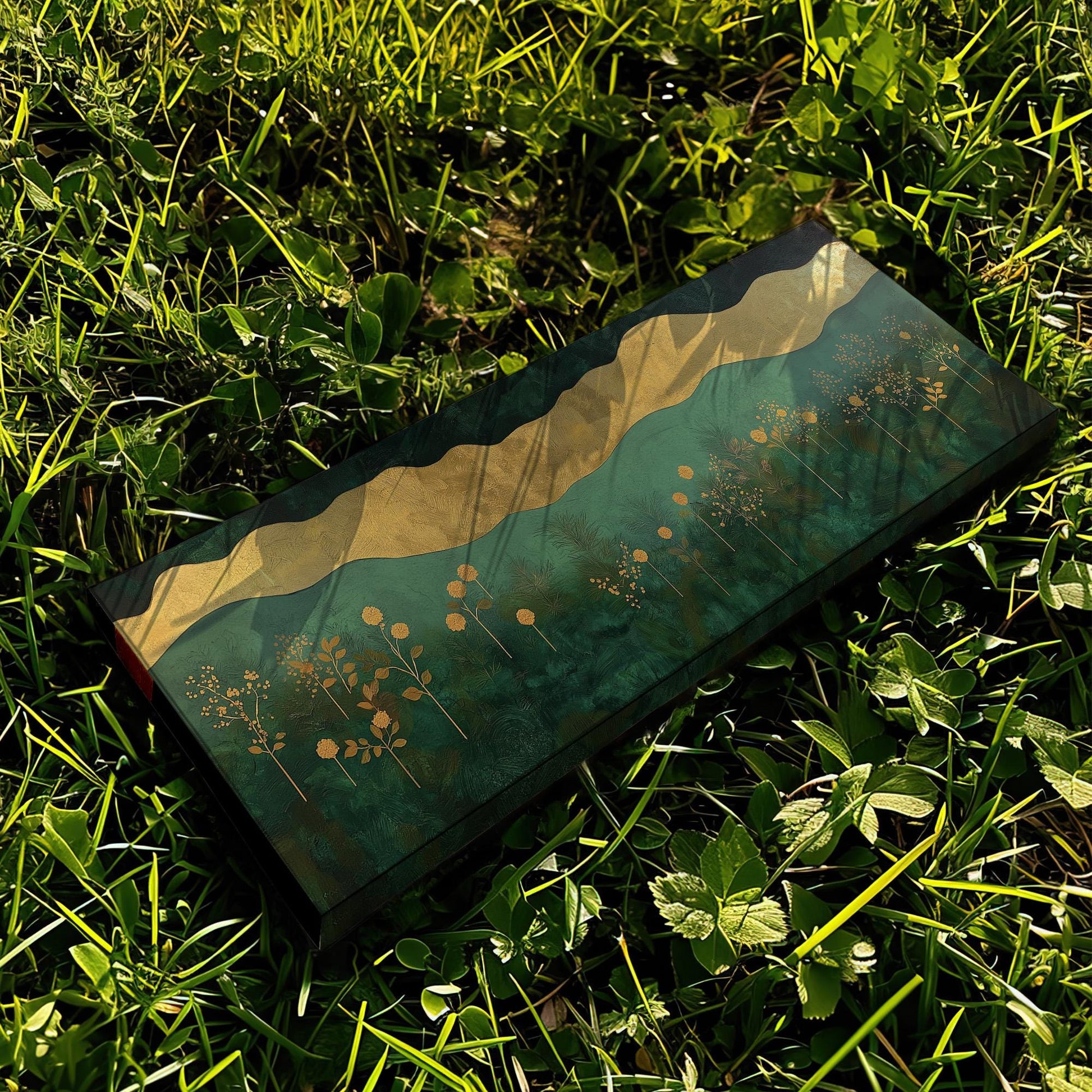 Golden Floral Landscape Panoramic Wall Art Emerald Green, Panorama Beautiful Landscape Canvas Print, Rustic Country Decor Canvas Art