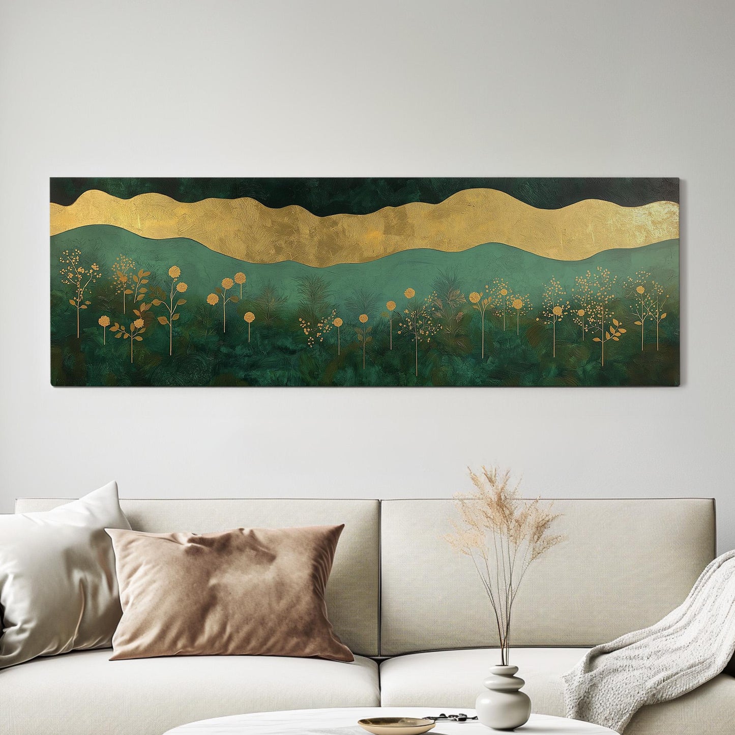 Golden Floral Landscape Panoramic Wall Art Emerald Green, Panorama Beautiful Landscape Canvas Print, Rustic Country Decor Canvas Art