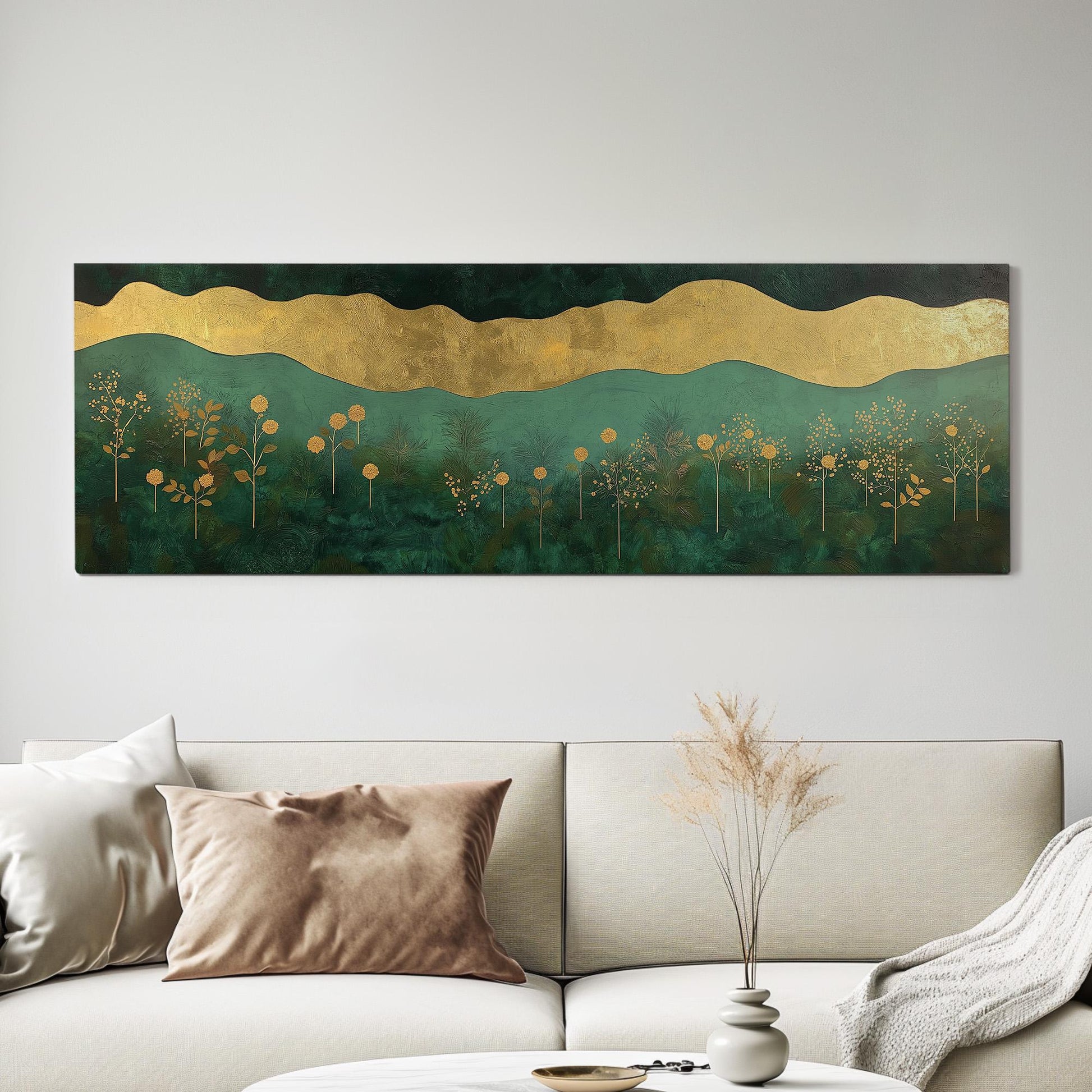 Golden Floral Landscape Panoramic Wall Art Emerald Green, Panorama Beautiful Landscape Canvas Print, Rustic Country Decor Canvas Art