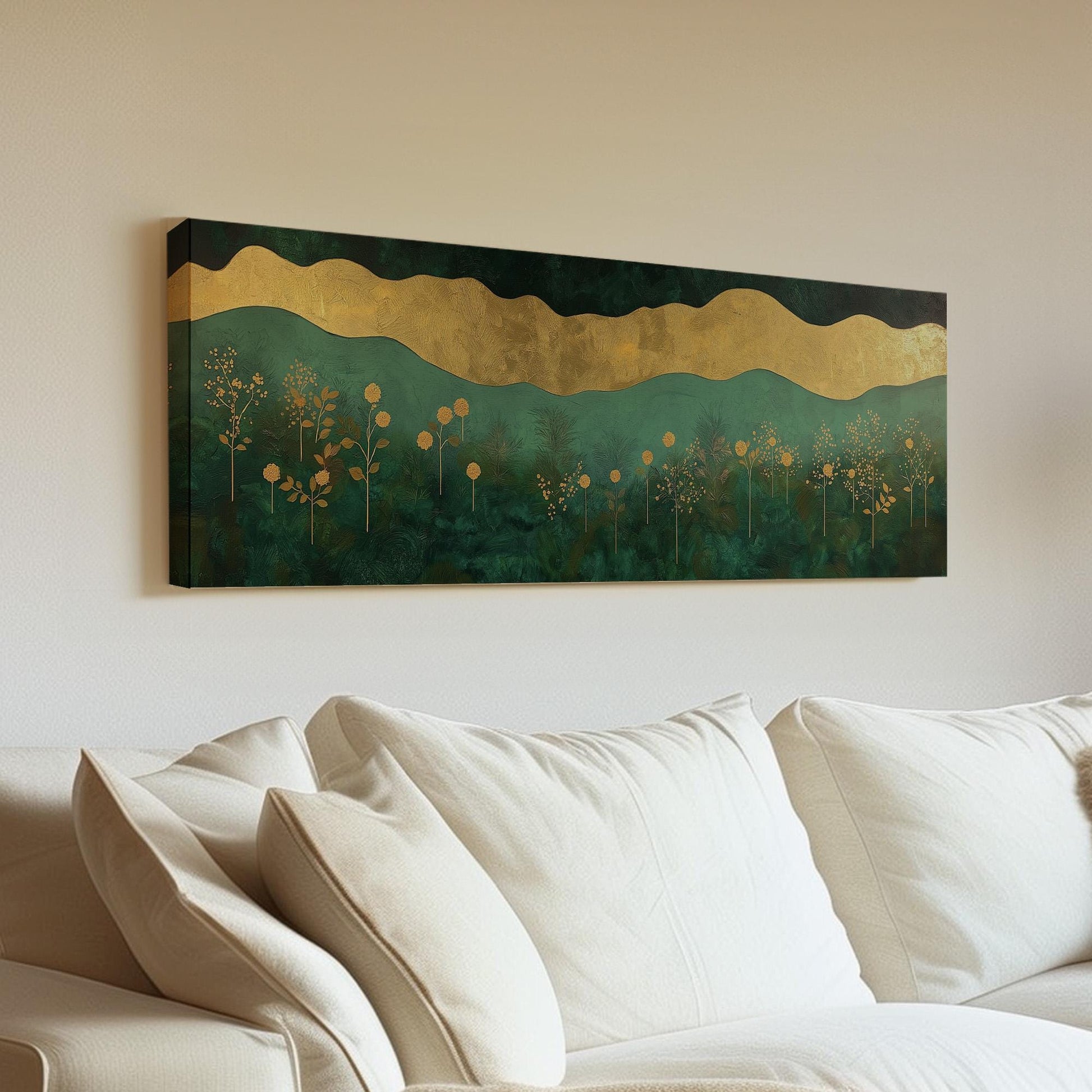 Golden Floral Landscape Panoramic Wall Art Emerald Green, Panorama Beautiful Landscape Canvas Print, Rustic Country Decor Canvas Art