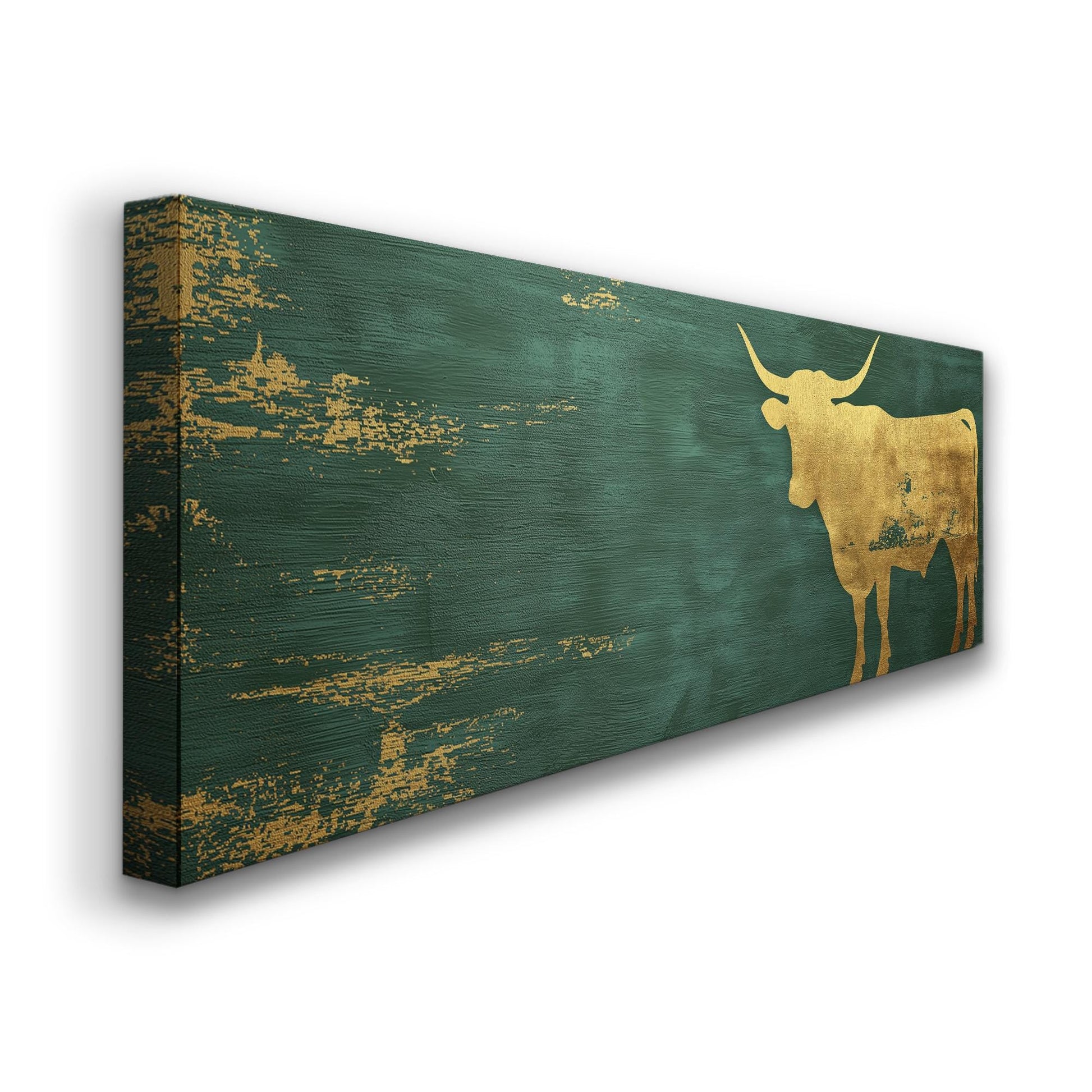 Gold Highland Cow Panoramic Wall Art Farmhouse, Panorama Dark Green Canvas Print, Rustic Decor Canvas Art