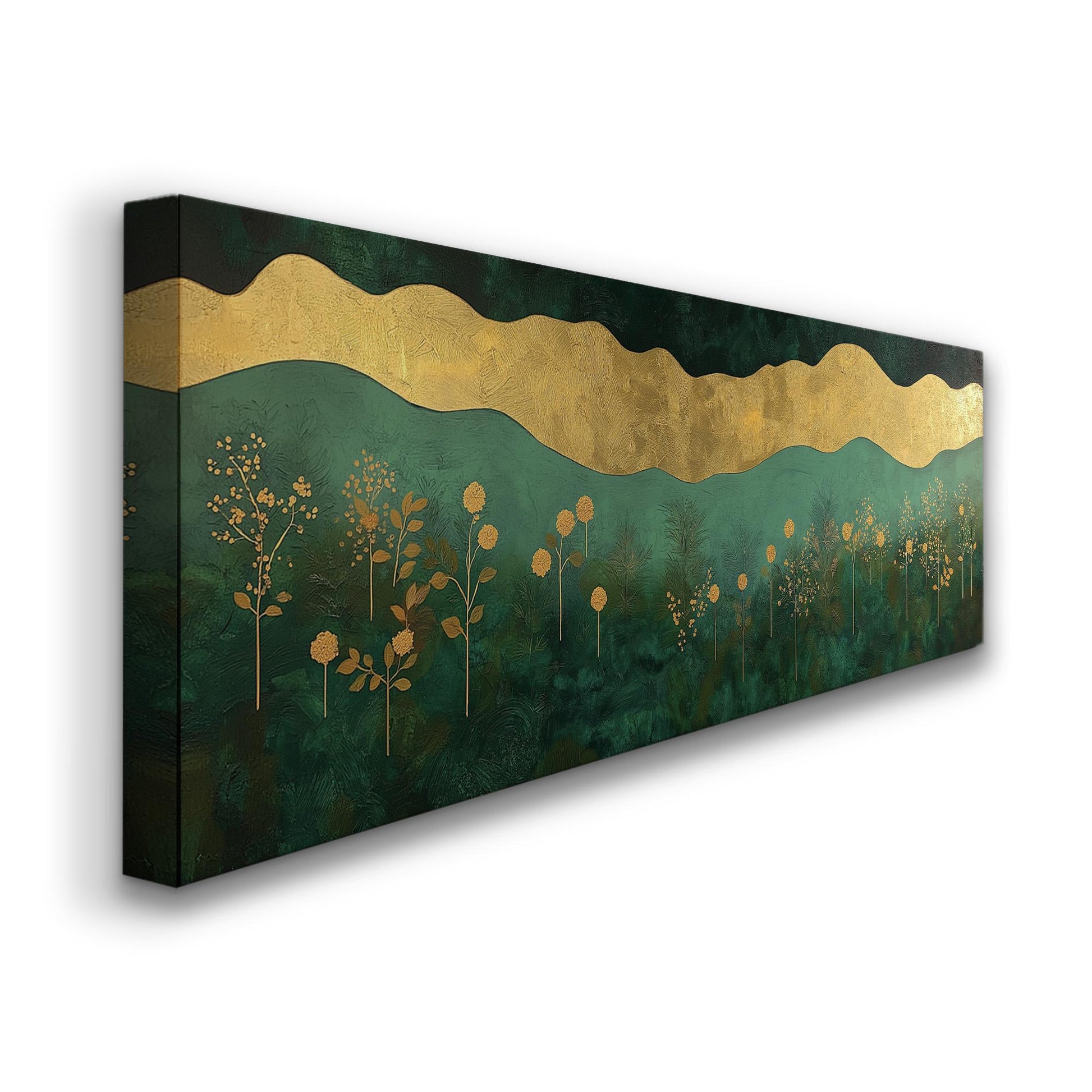Golden Floral Landscape Panoramic Wall Art Emerald Green, Panorama Beautiful Landscape Canvas Print, Rustic Country Decor Canvas Art