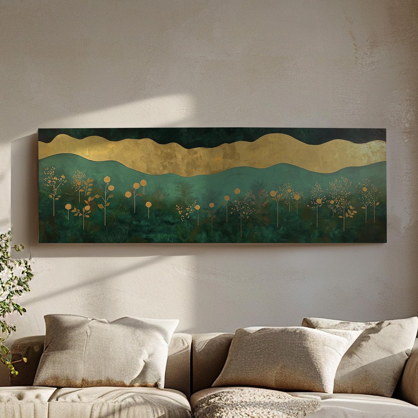 Golden Floral Landscape Panoramic Wall Art Emerald Green, Panorama Beautiful Landscape Canvas Print, Rustic Country Decor Canvas Art