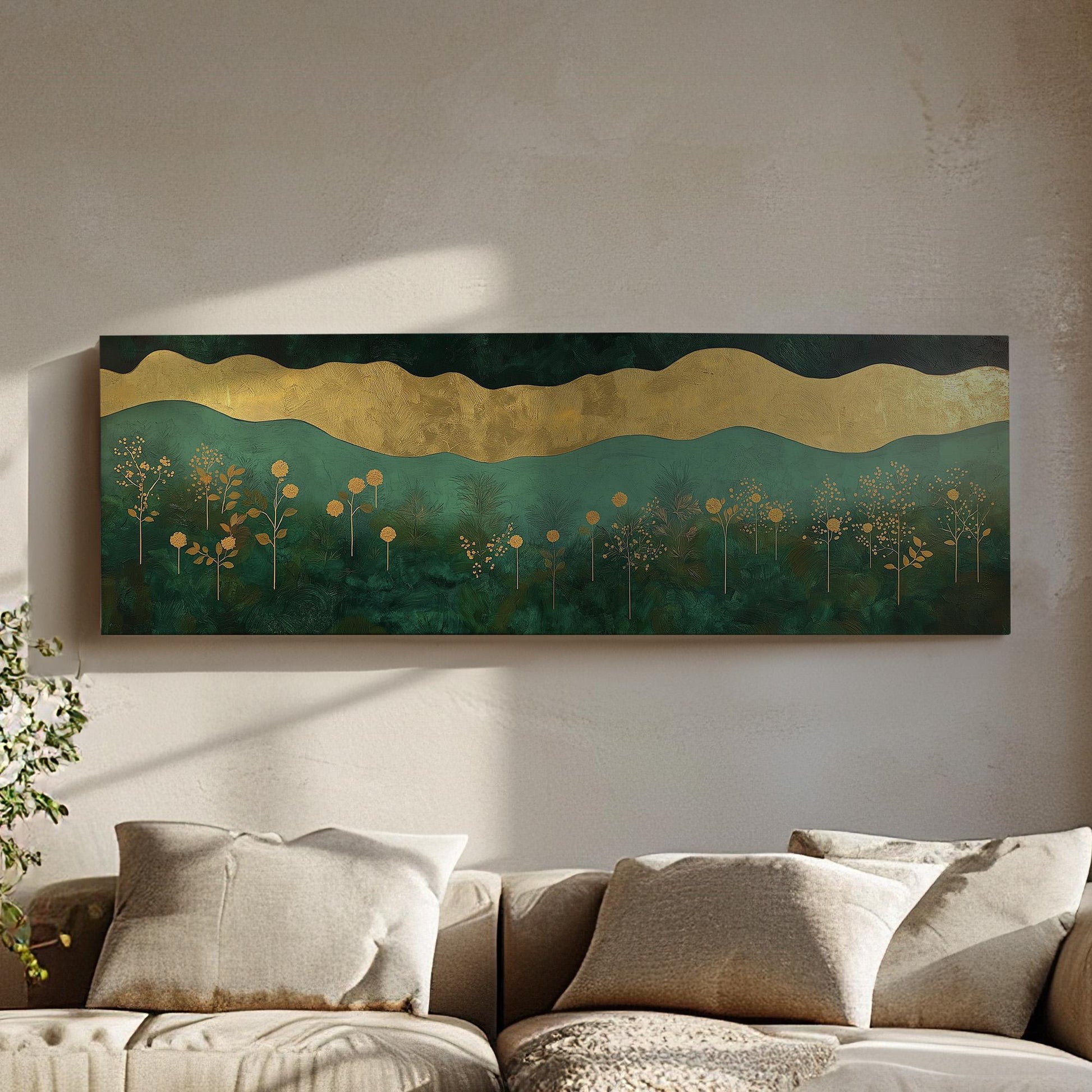 Golden Floral Landscape Panoramic Wall Art Emerald Green, Panorama Beautiful Landscape Canvas Print, Rustic Country Decor Canvas Art