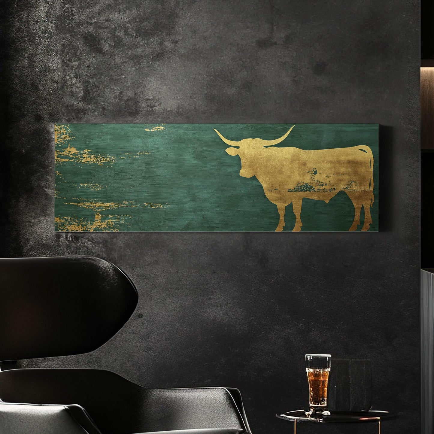 Gold Highland Cow Panoramic Wall Art Farmhouse, Panorama Dark Green Canvas Print, Rustic Decor Canvas Art
