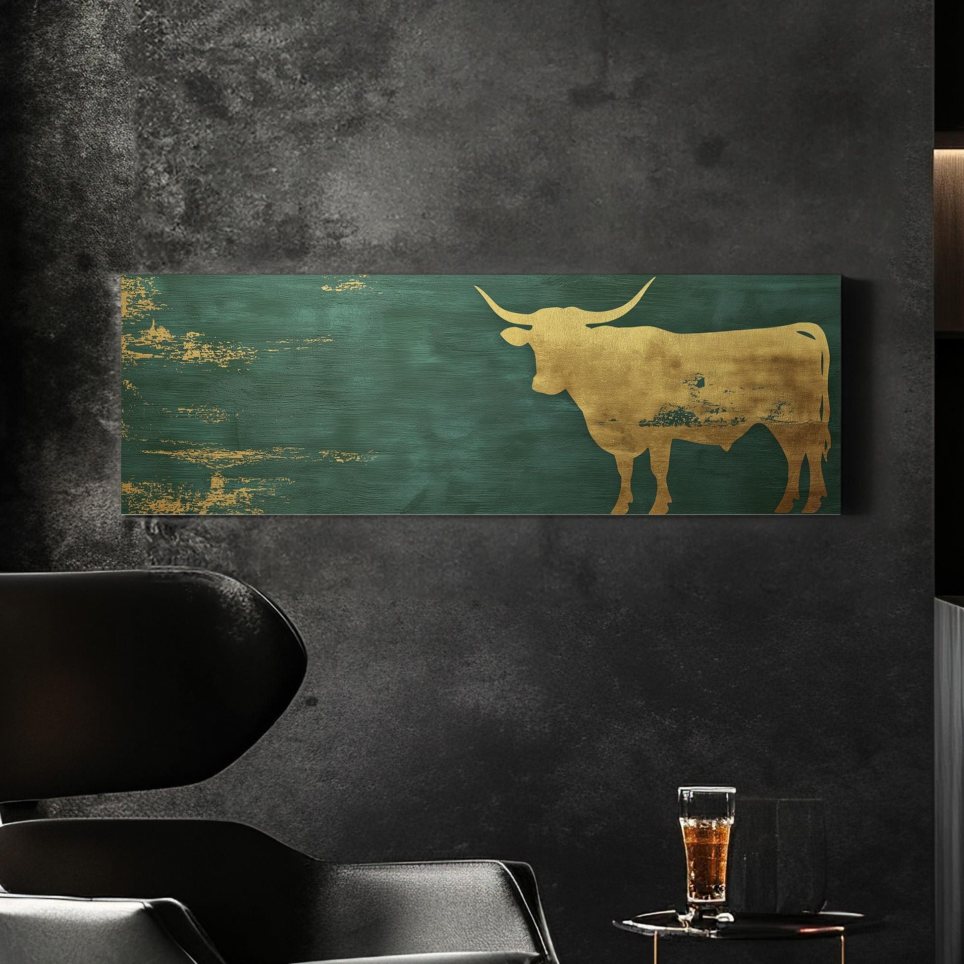 Gold Highland Cow Panoramic Wall Art Farmhouse, Panorama Dark Green Canvas Print, Rustic Decor Canvas Art