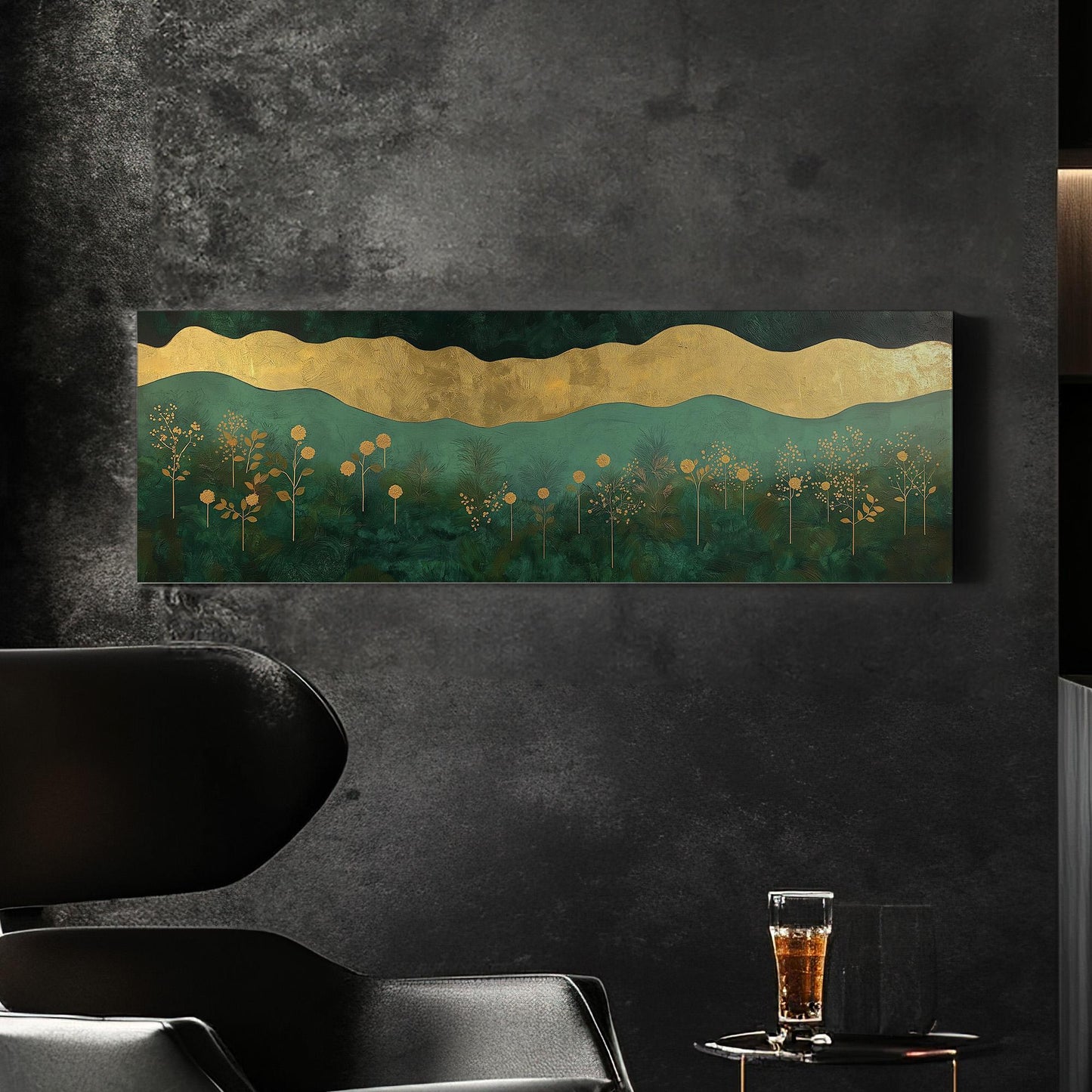 Golden Floral Landscape Panoramic Wall Art Emerald Green, Panorama Beautiful Landscape Canvas Print, Rustic Country Decor Canvas Art