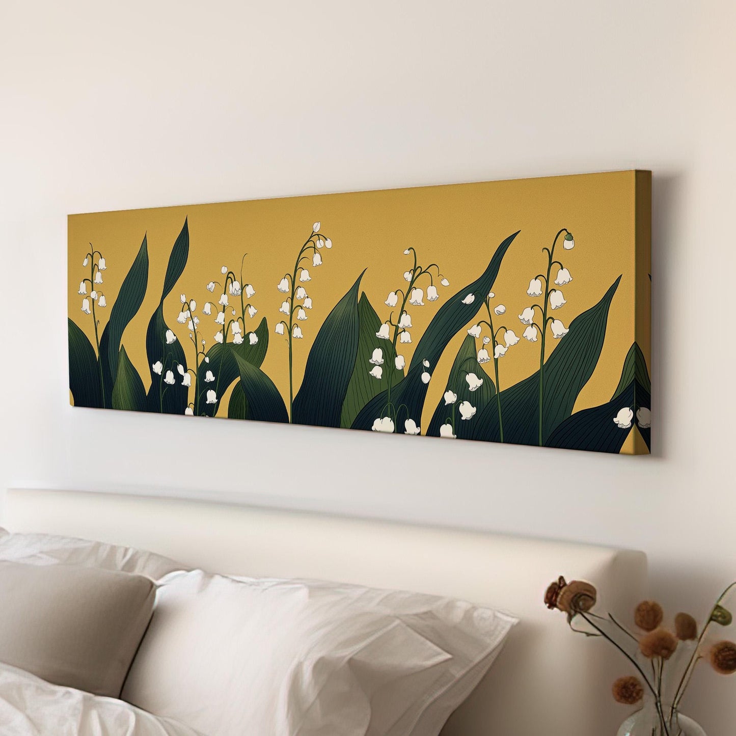 Lily of the Valley Field Panoramic Wall Art Floral, Panorama Lillies Canvas Print, Still Life Decor Canvas Art