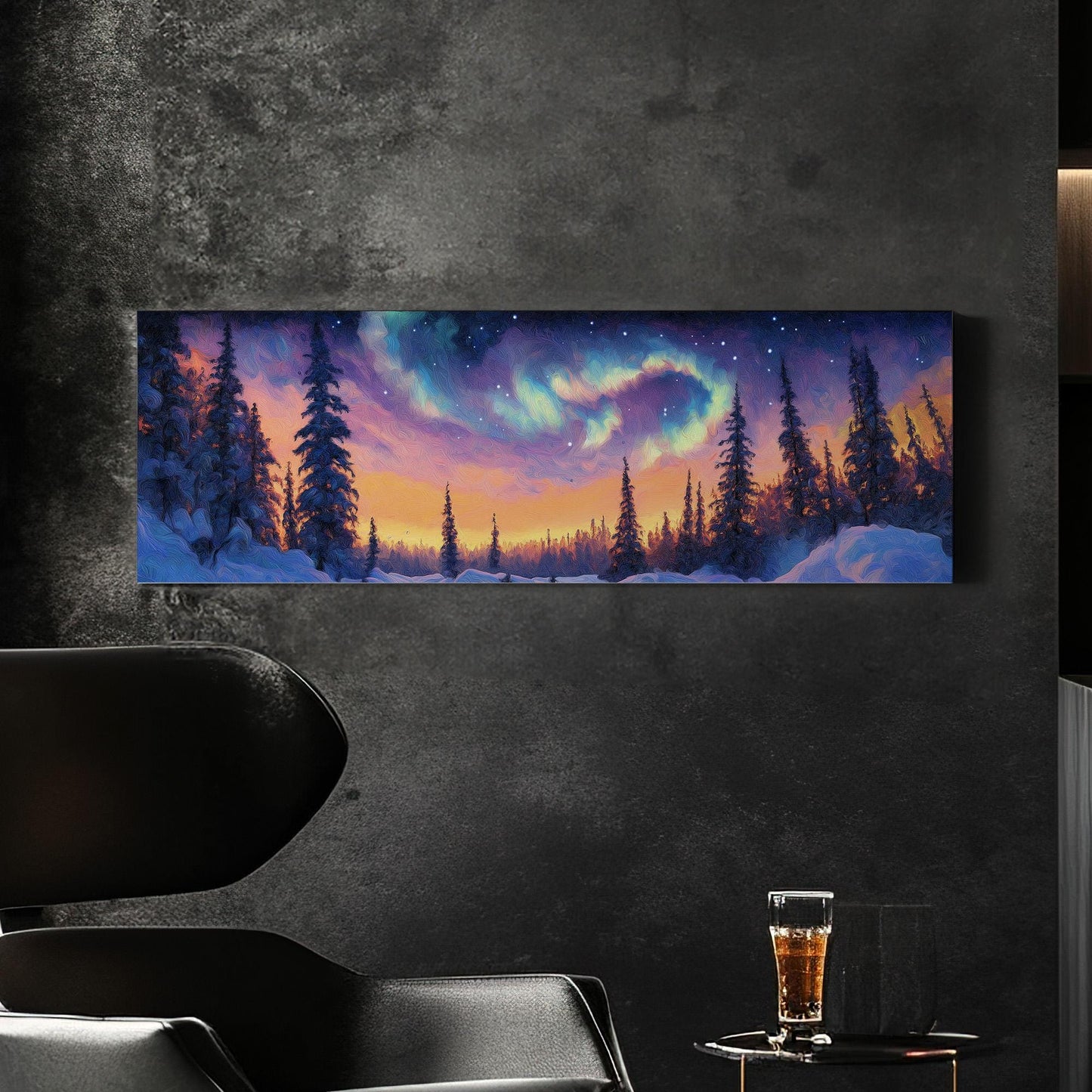 Northern Lights Panoramic Wall Art Snowy Trees, Panorama Starry Sky Canvas Print, Aurora Borealis Decor Canvas Art