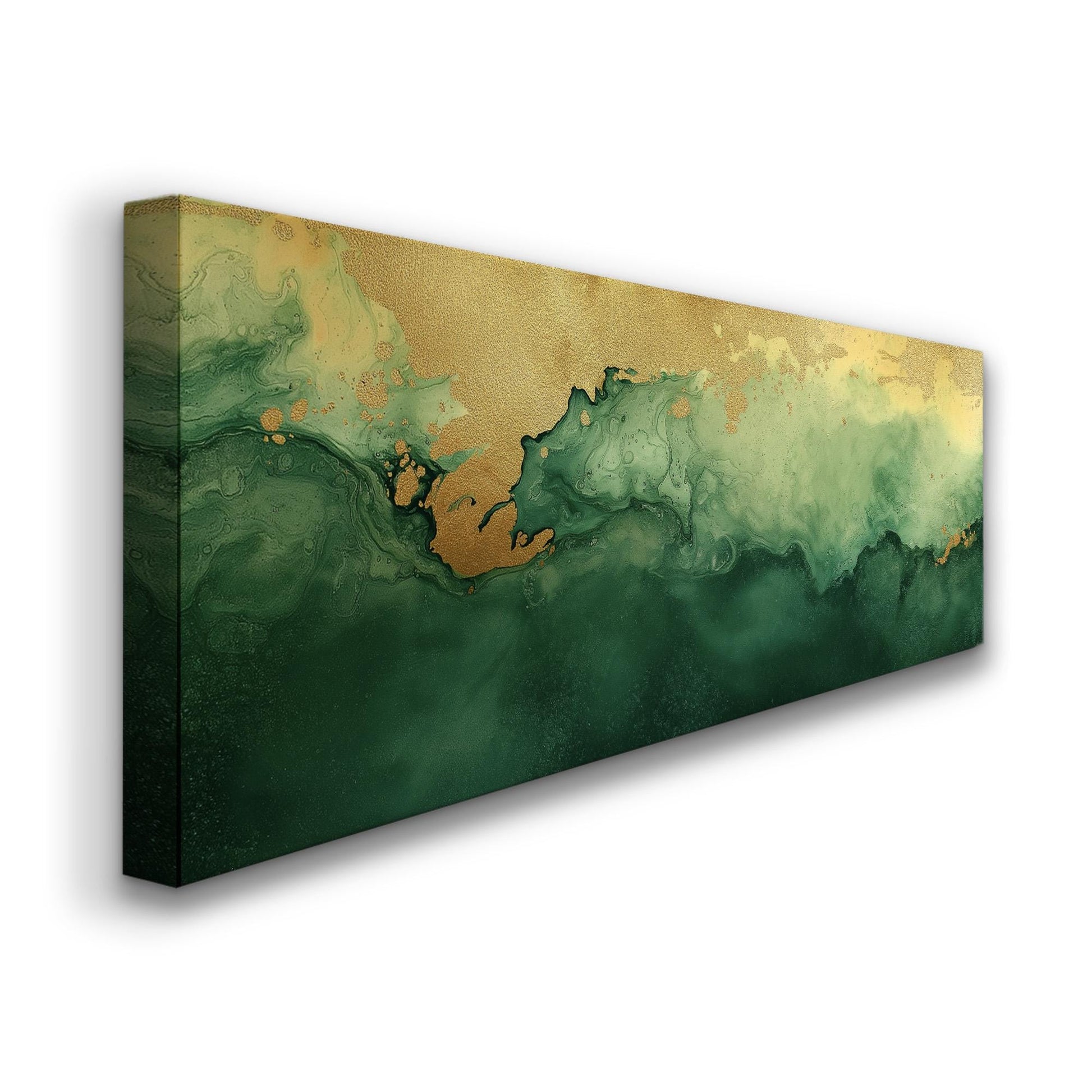 Abstract Golden Flow Panoramic Wall Art Emerald Green, Panorama Beautiful Landscape Canvas Print, Rustic Country Decor Canvas Art