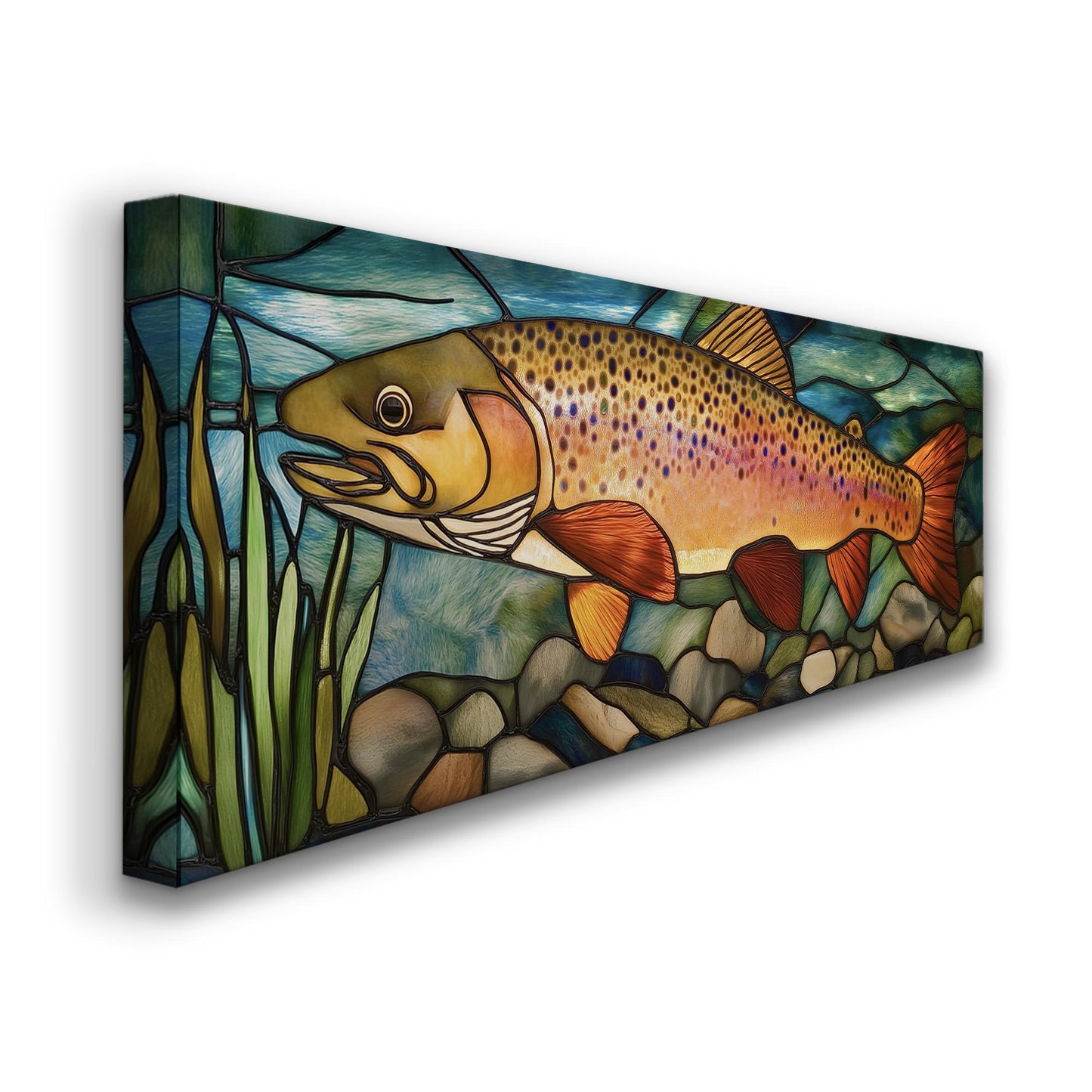 Alcohol Ink Large Rainbow Trout Panoramic Wall Art Fishing, Panorama Fisherman Canvas Print, Lakehouse Decor Canvas Art