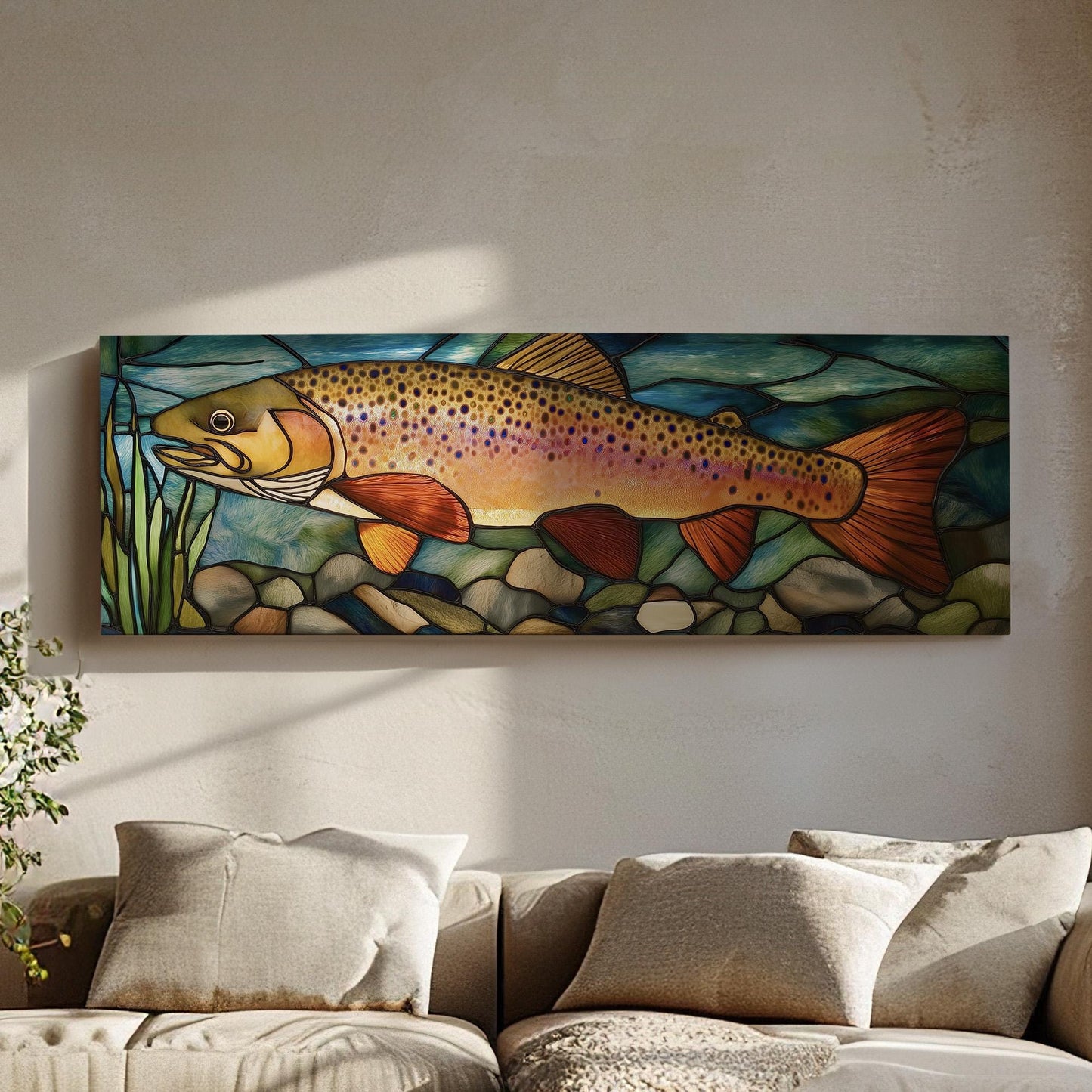 Alcohol Ink Large Rainbow Trout Panoramic Wall Art Fishing, Panorama Fisherman Canvas Print, Lakehouse Decor Canvas Art