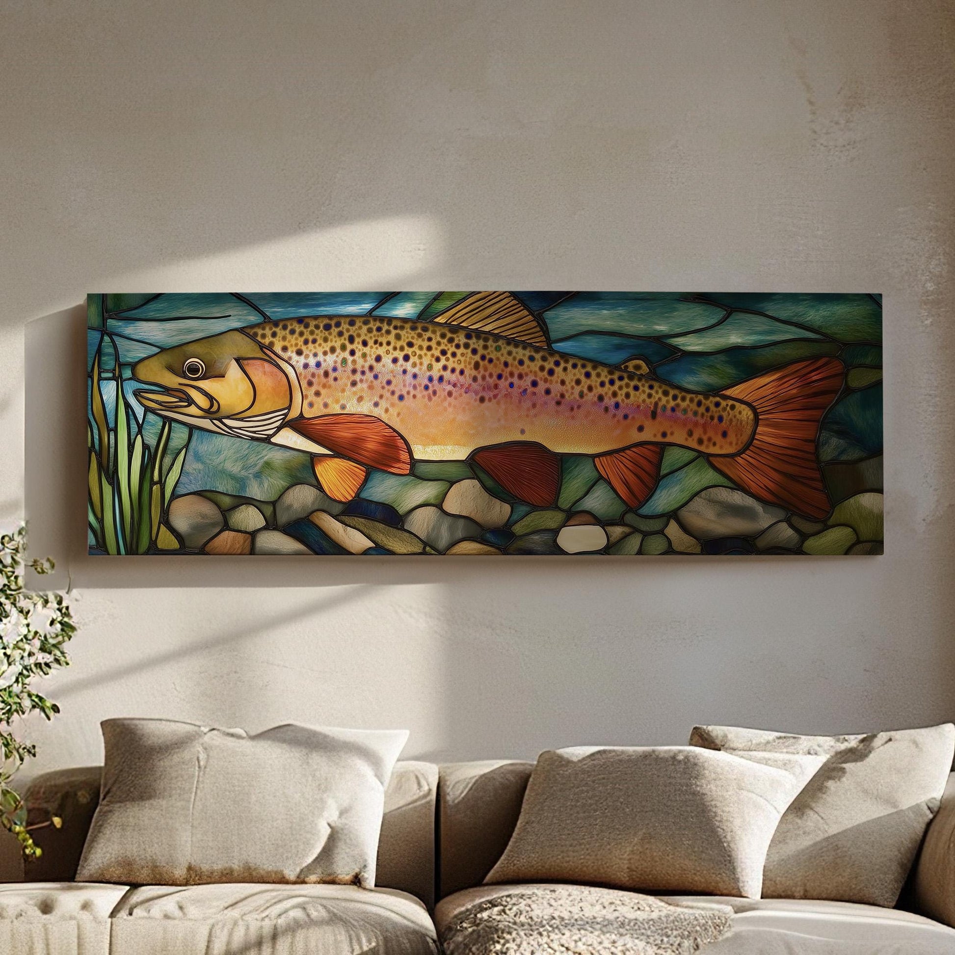 Alcohol Ink Large Rainbow Trout Panoramic Wall Art Fishing, Panorama Fisherman Canvas Print, Lakehouse Decor Canvas Art