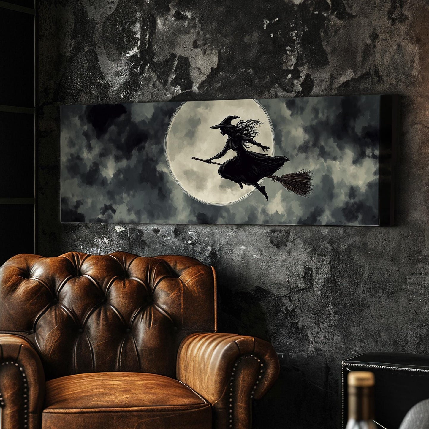Halloween Witch Panoramic Wall Art Spooky, Panorama Dark Academia Canvas Print, Whimsical Decor Canvas Art