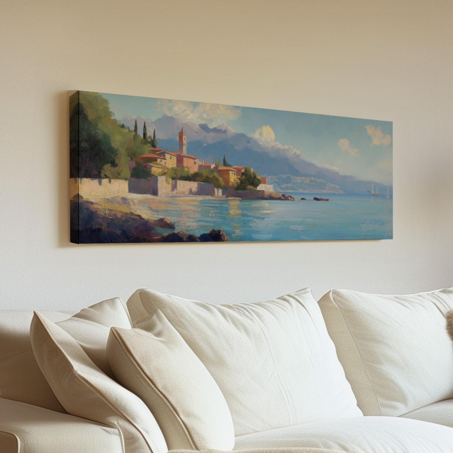 Italian Village By The Ocean Panoramic Wall Art Tuscany, Panorama Tuscan Village Canvas Print, Italian Countryside Decor Canvas Art