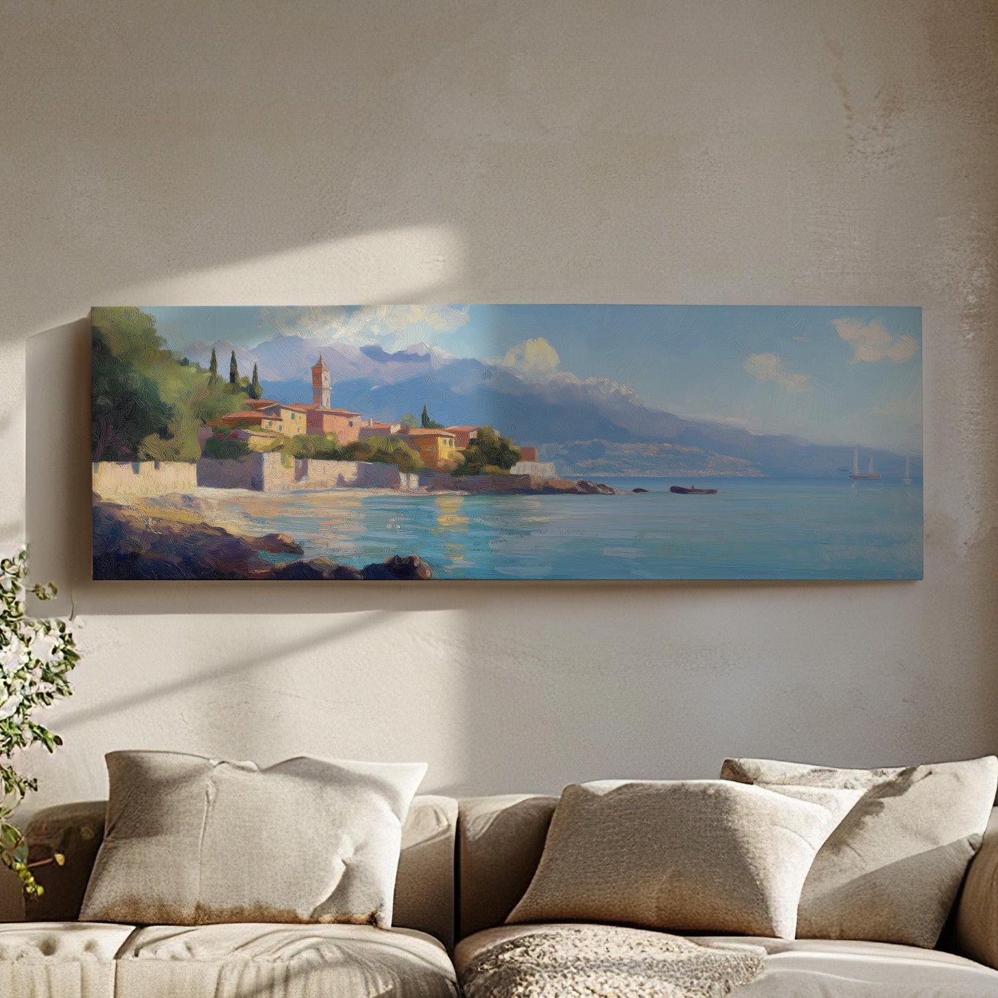 Italian Village By The Ocean Panoramic Wall Art Tuscany, Panorama Tuscan Village Canvas Print, Italian Countryside Decor Canvas Art