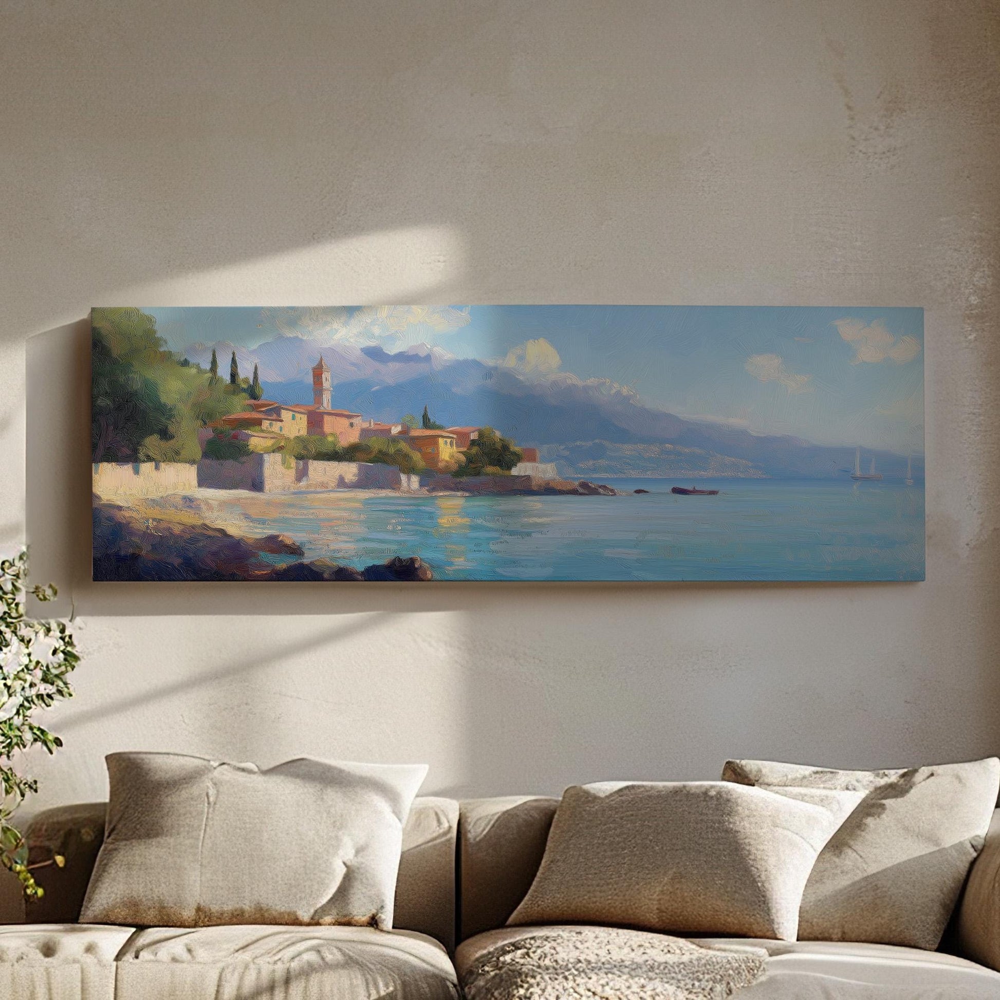 Italian Village By The Ocean Panoramic Wall Art Tuscany, Panorama Tuscan Village Canvas Print, Italian Countryside Decor Canvas Art