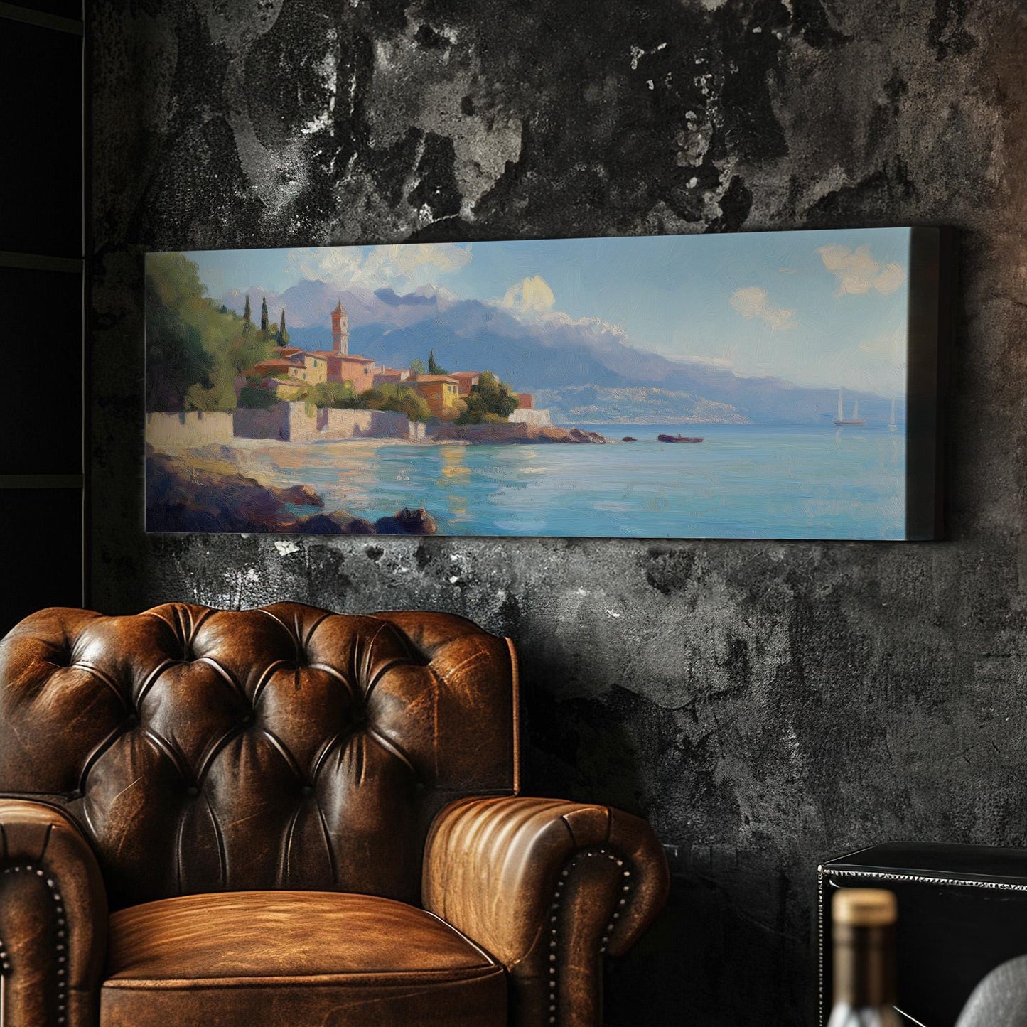 Italian Village By The Ocean Panoramic Wall Art Tuscany, Panorama Tuscan Village Canvas Print, Italian Countryside Decor Canvas Art