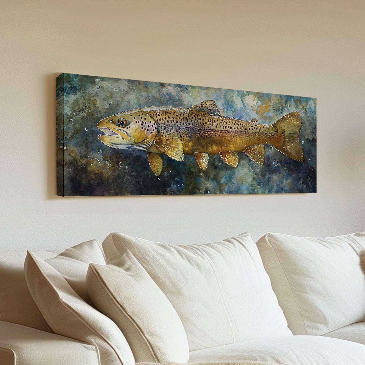 Large Rainbow Trout Panoramic Wall Art Fishing, Panorama Fisherman Canvas Print, Lakehouse Decor Canvas Art