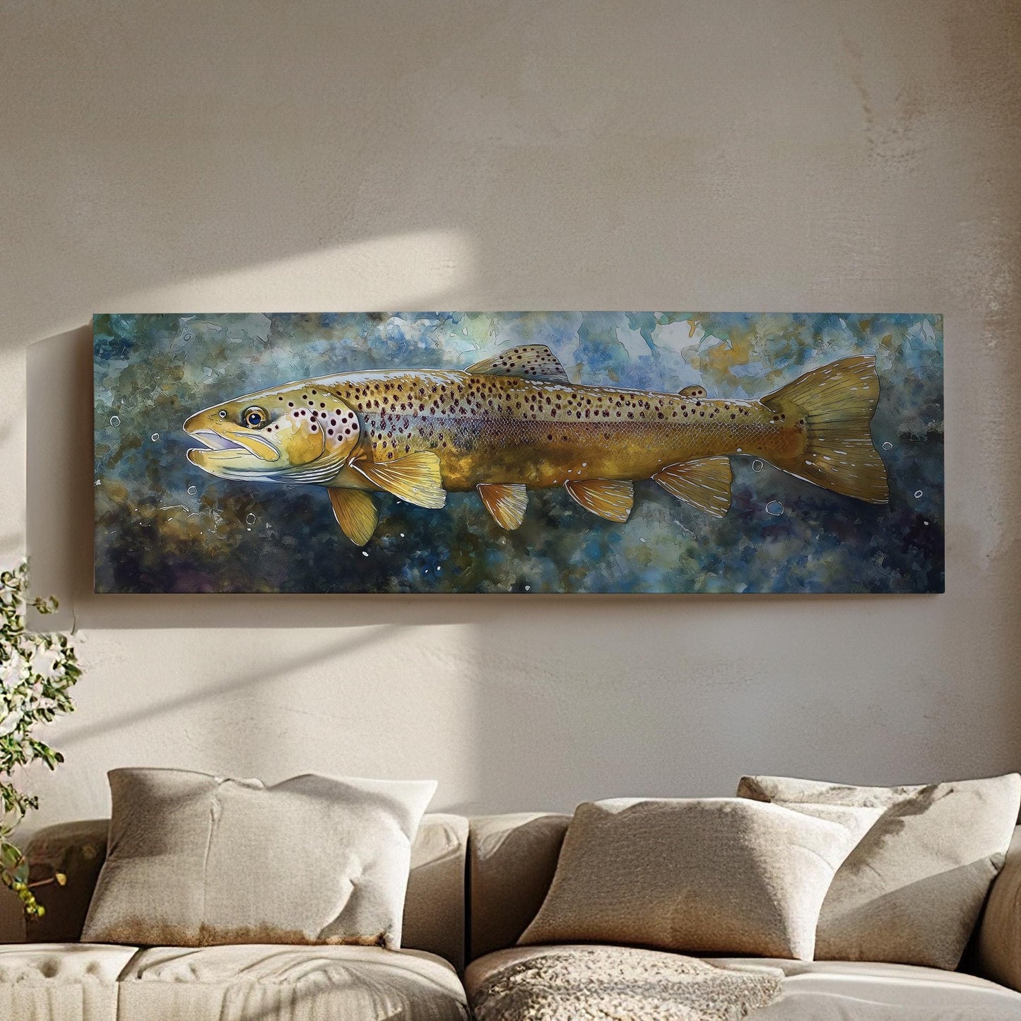 Large Rainbow Trout Panoramic Wall Art Fishing, Panorama Fisherman Canvas Print, Lakehouse Decor Canvas Art