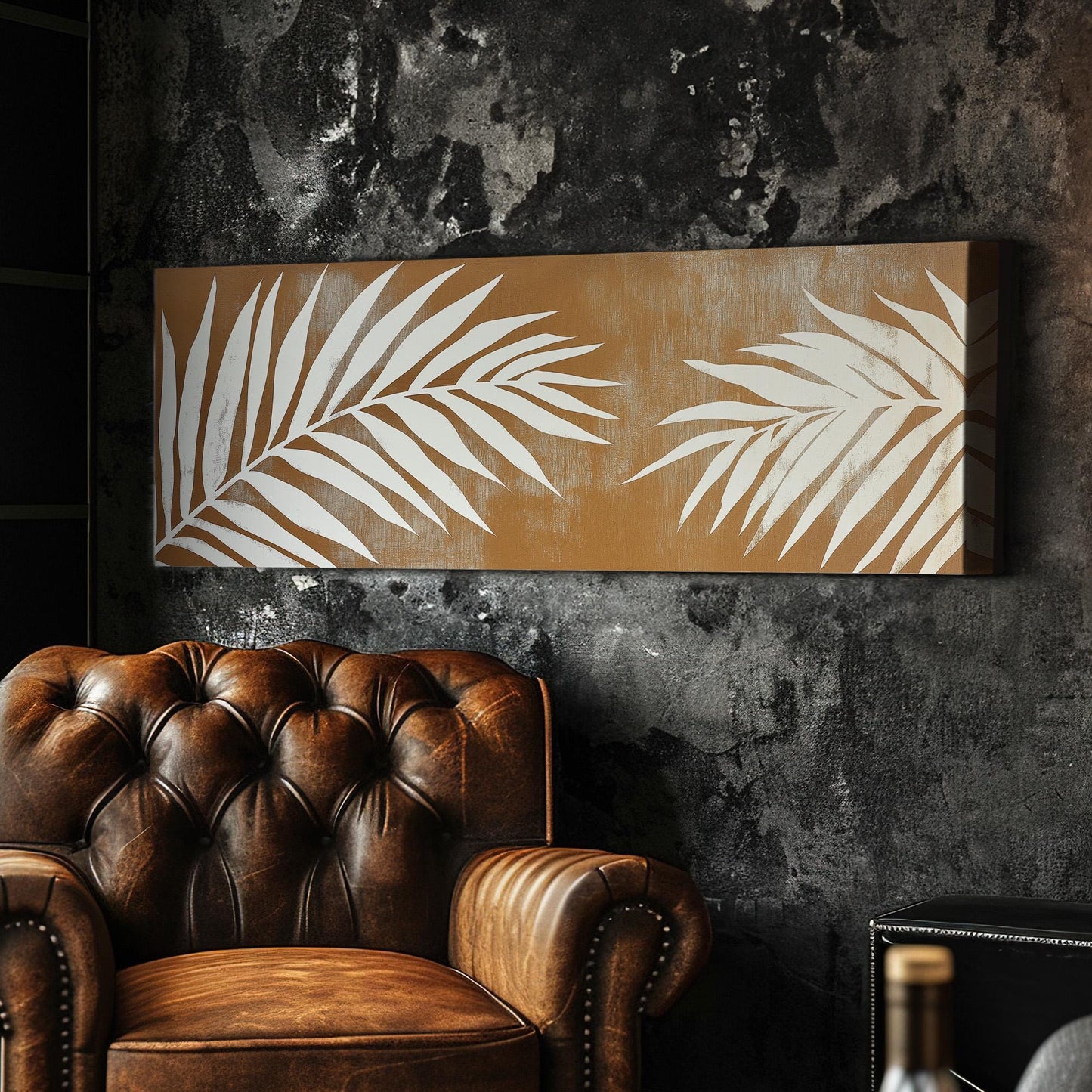 Palm Tree Brown Background Panoramic Wall Art Tropical, Panorama Rainforest Canvas Print, Botanical Decor Canvas Art