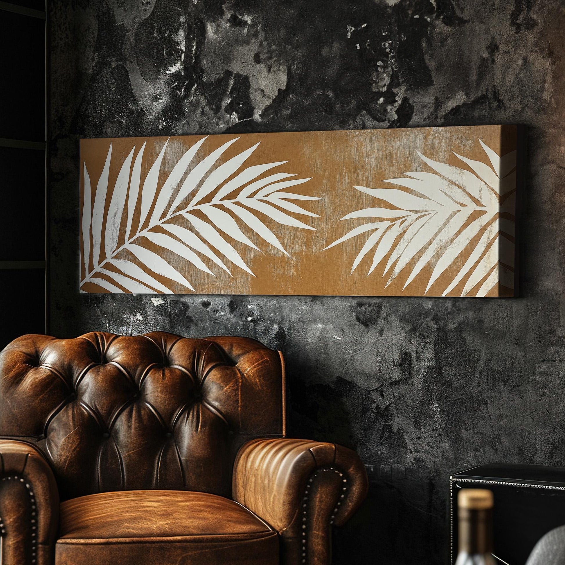 Palm Tree Brown Background Panoramic Wall Art Tropical, Panorama Rainforest Canvas Print, Botanical Decor Canvas Art