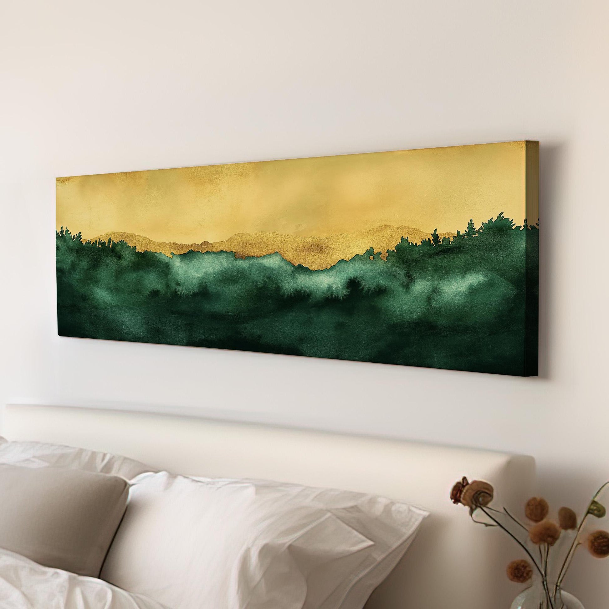 Abstract Golden Sky Panoramic Wall Art Emerald Green, Panorama Beautiful Landscape Canvas Print, Rustic Country Decor Canvas Art