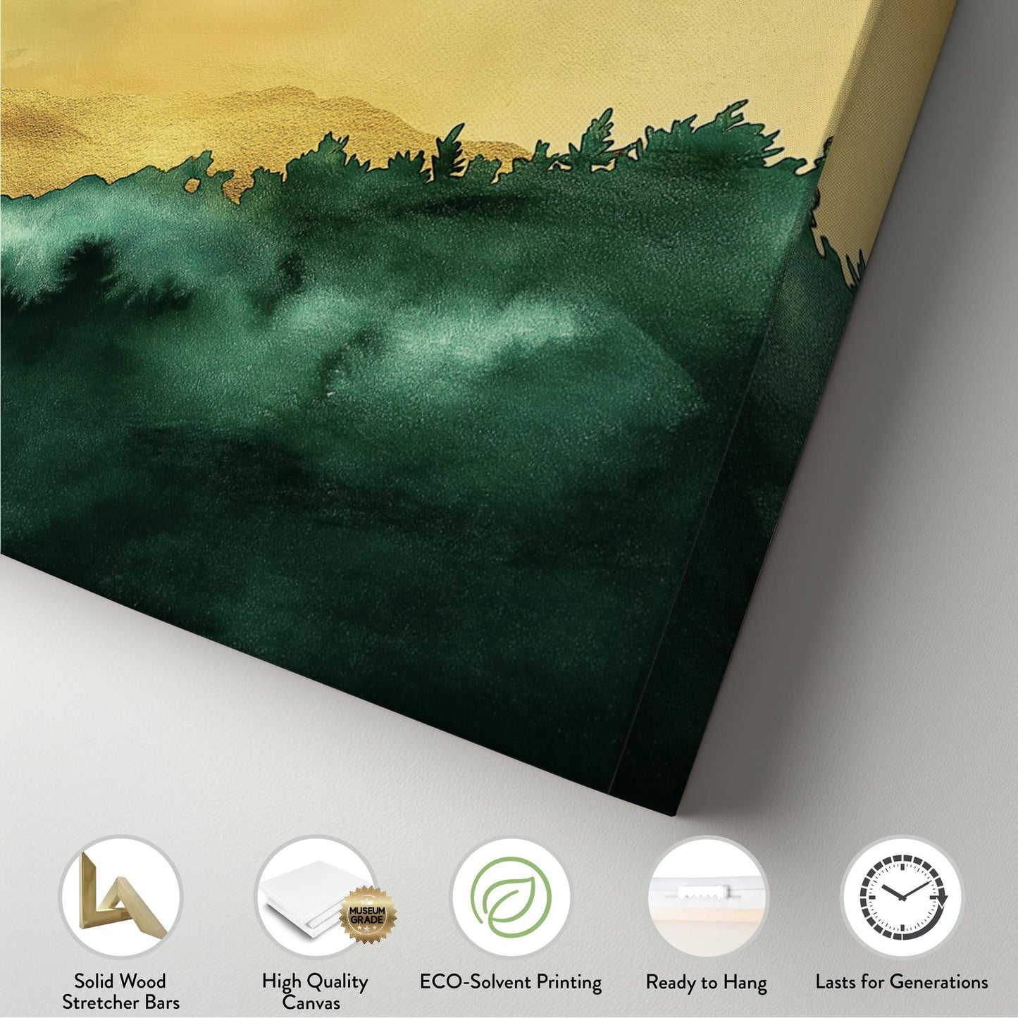Abstract Golden Sky Panoramic Wall Art Emerald Green, Panorama Beautiful Landscape Canvas Print, Rustic Country Decor Canvas Art