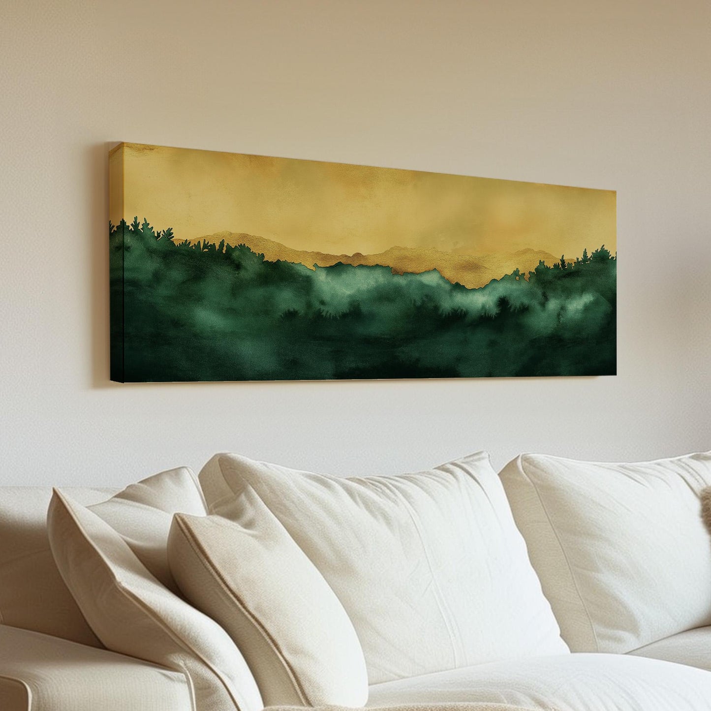 Abstract Golden Sky Panoramic Wall Art Emerald Green, Panorama Beautiful Landscape Canvas Print, Rustic Country Decor Canvas Art