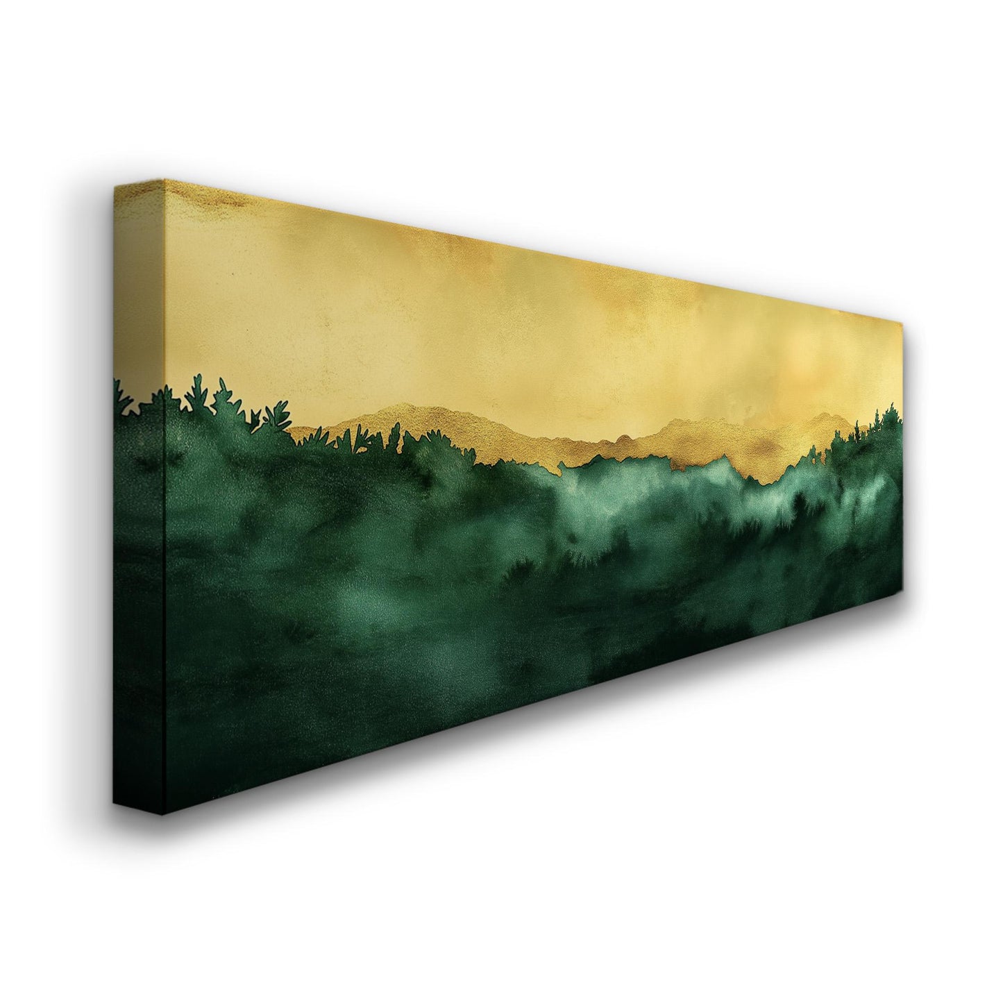 Abstract Golden Sky Panoramic Wall Art Emerald Green, Panorama Beautiful Landscape Canvas Print, Rustic Country Decor Canvas Art