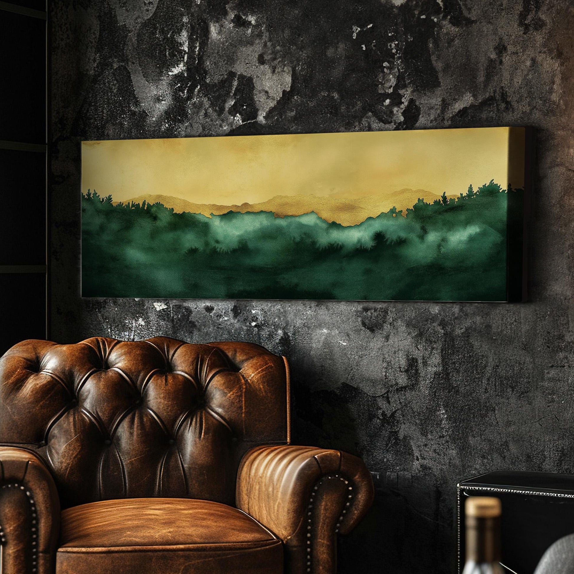 Abstract Golden Sky Panoramic Wall Art Emerald Green, Panorama Beautiful Landscape Canvas Print, Rustic Country Decor Canvas Art