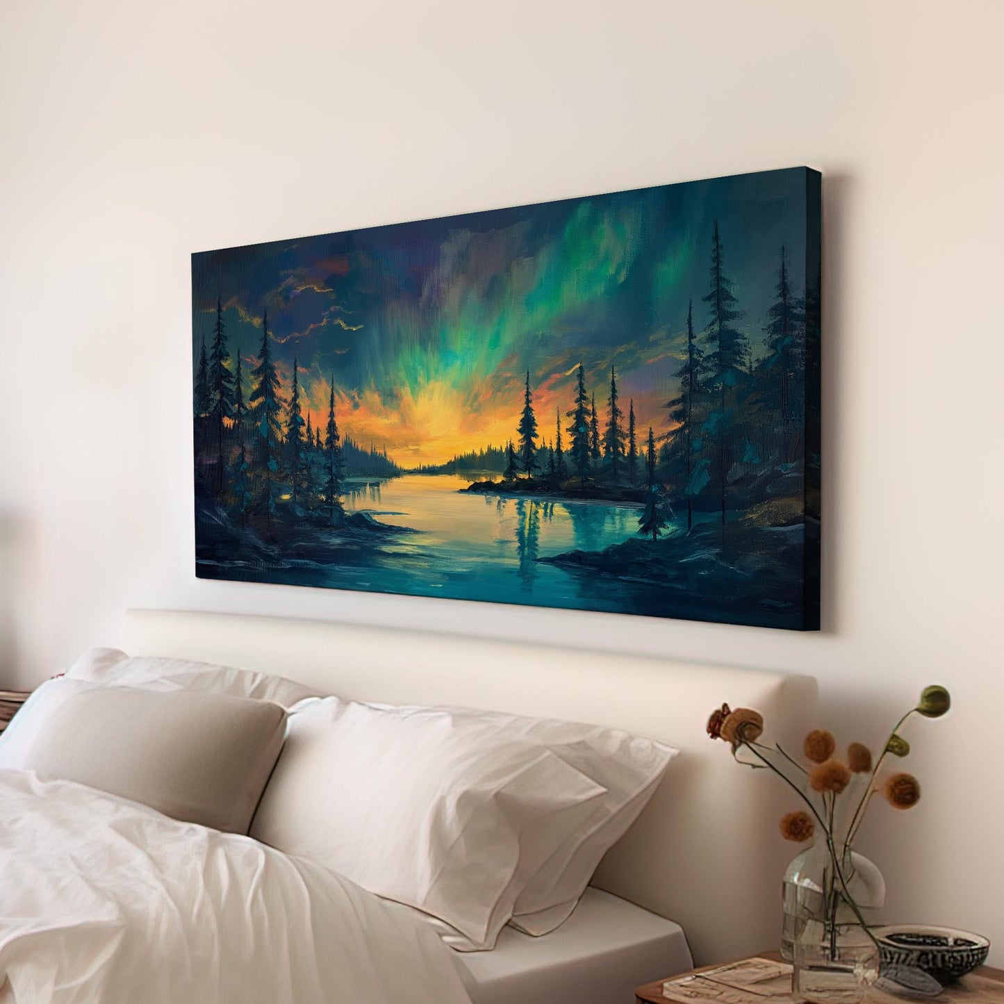 Northern Lights Magic Canvas Wall Art For Living Room, Landscape Starry Sky Canvas Print, Aurora Borealis Large Canvas Art