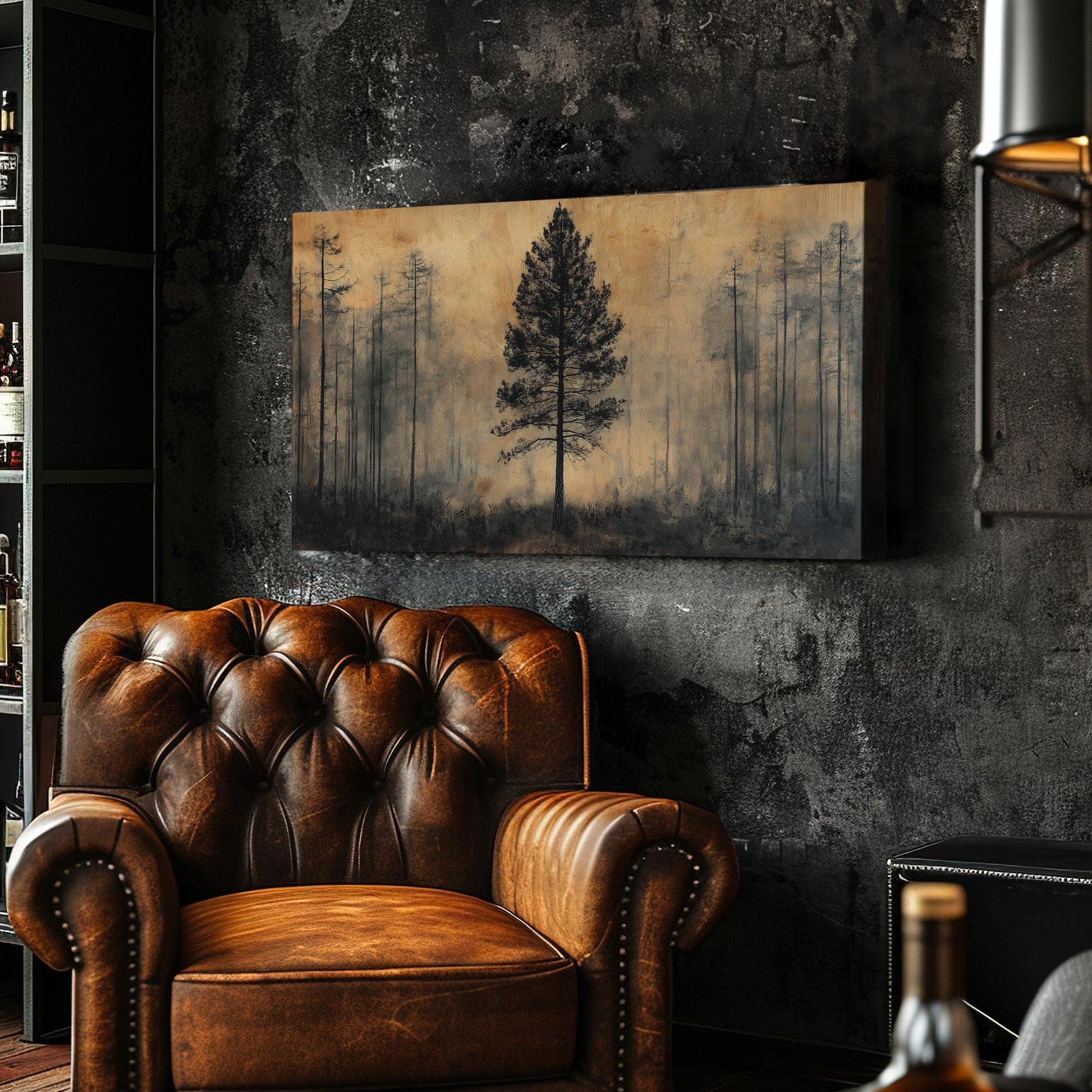 Tall Pine Tree Canvas Wall Art For Living Room, Landscape Cozy Autumn Canvas Print, Rustic Fall Large Canvas Art