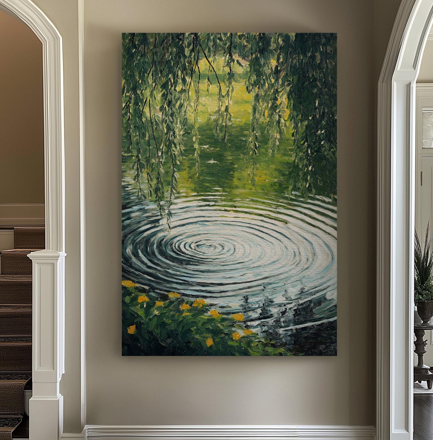 Water Ripples Under A Tree Vertical Wall Art Lake Scene, Decor Quiet Pond Canvas Print, Tranquil Big Canvas Art