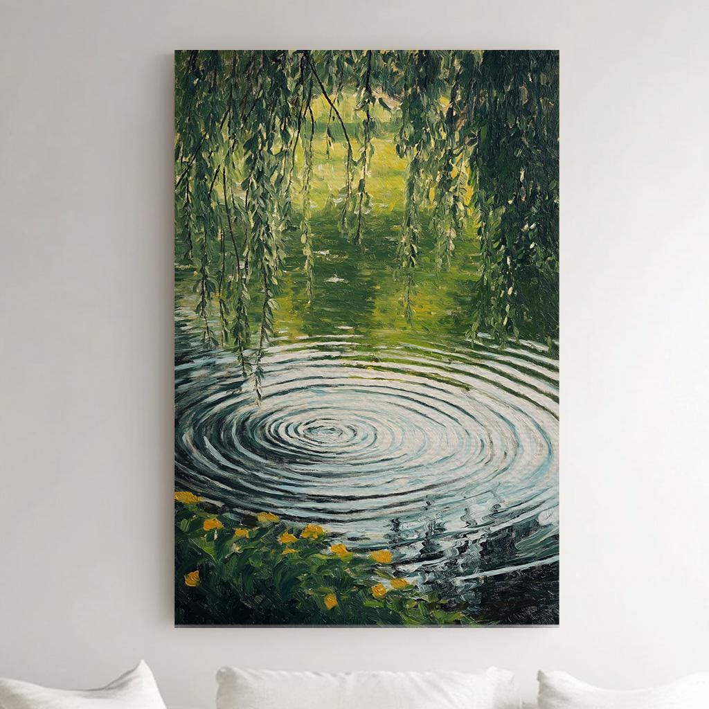Water Ripples Under A Tree Vertical Wall Art Lake Scene, Decor Quiet Pond Canvas Print, Tranquil Big Canvas Art