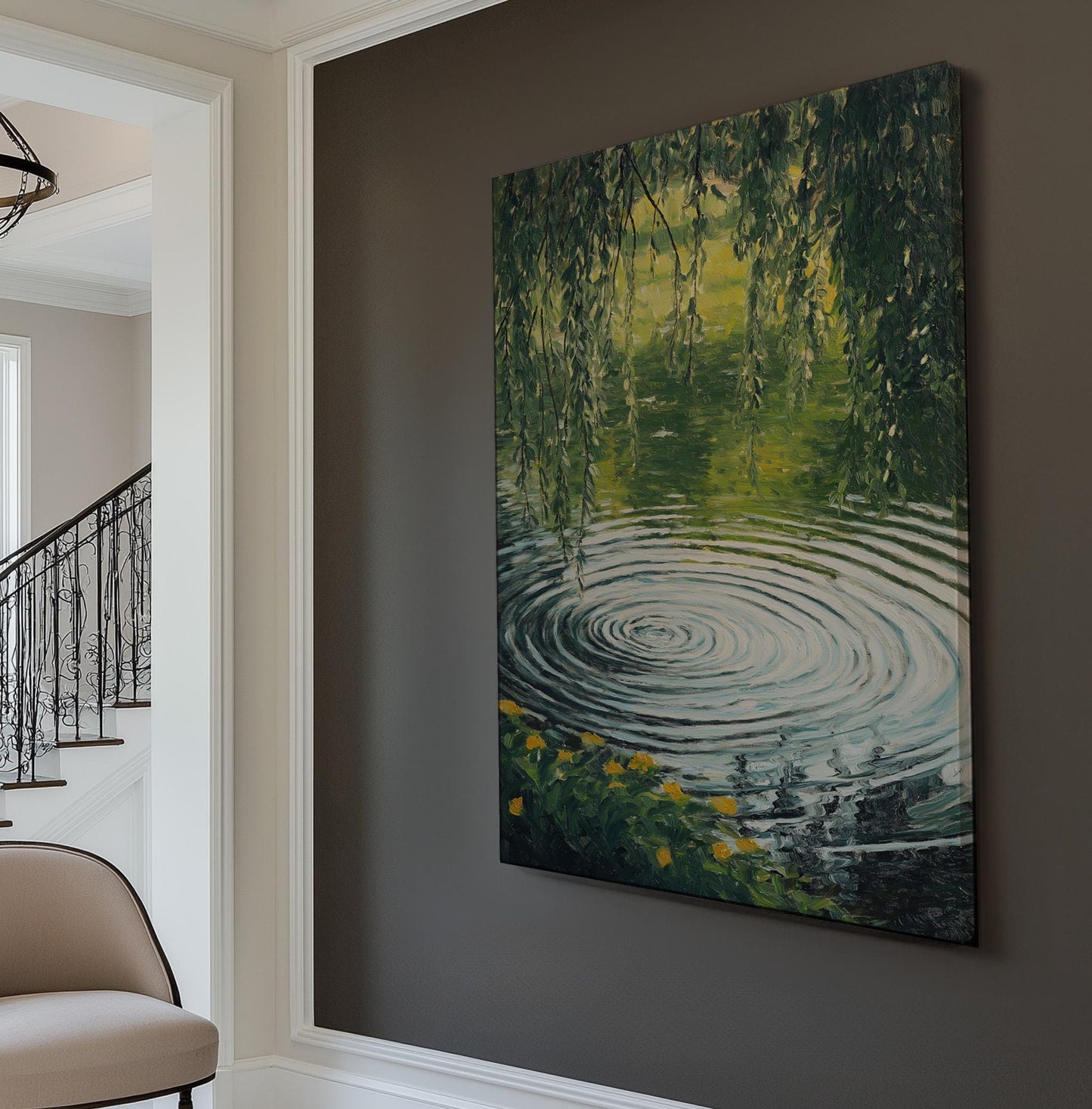 Water Ripples Under A Tree Vertical Wall Art Lake Scene, Decor Quiet Pond Canvas Print, Tranquil Big Canvas Art