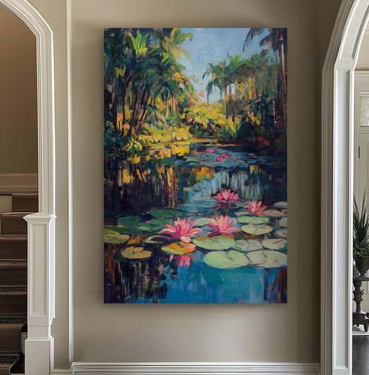 Water Lily On The Lake Vertical Wall Art Tropical Garden, Decor Quiet Pond Canvas Print, Tranquil Big Canvas Art