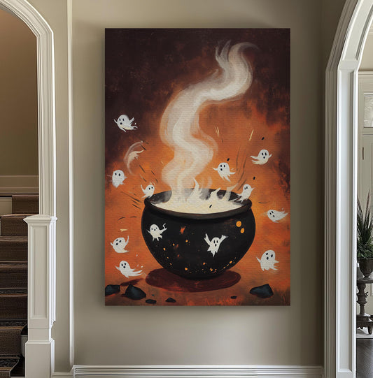 Vintage Halloween Ghost Vertical Wall Art Spooky, Decor Dark Academia Canvas Print, Whimsical Big Canvas Art