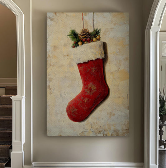 Red Christmas Stocking Vertical Wall Art Christmas, Decor Winter Canvas Print, Farmhouse Big Canvas Art