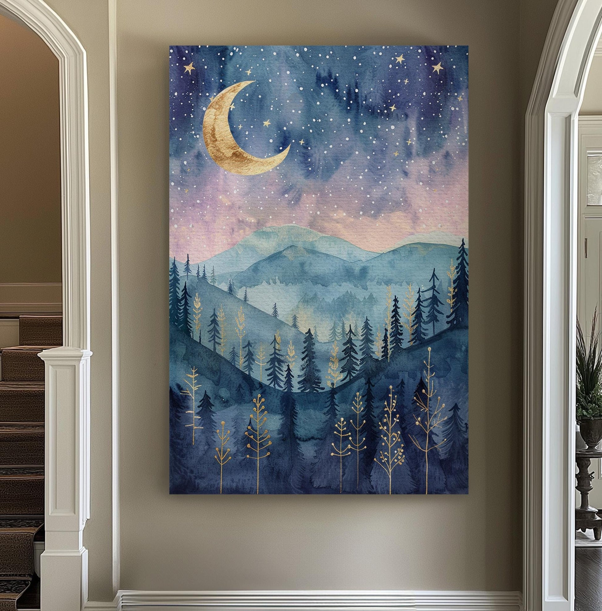Pink Sky Above Pine Trees Vertical Wall Art Enchanted Forest, Decor Fantasy Forest Canvas Print, Farmhouse Cabin Big Canvas Art