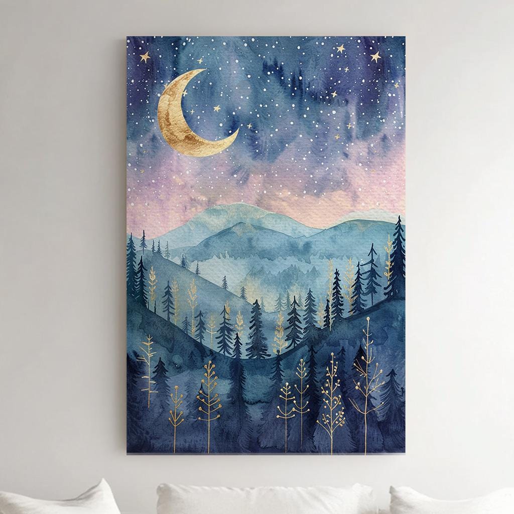 Pink Sky Above Pine Trees Vertical Wall Art Enchanted Forest, Decor Fantasy Forest Canvas Print, Farmhouse Cabin Big Canvas Art