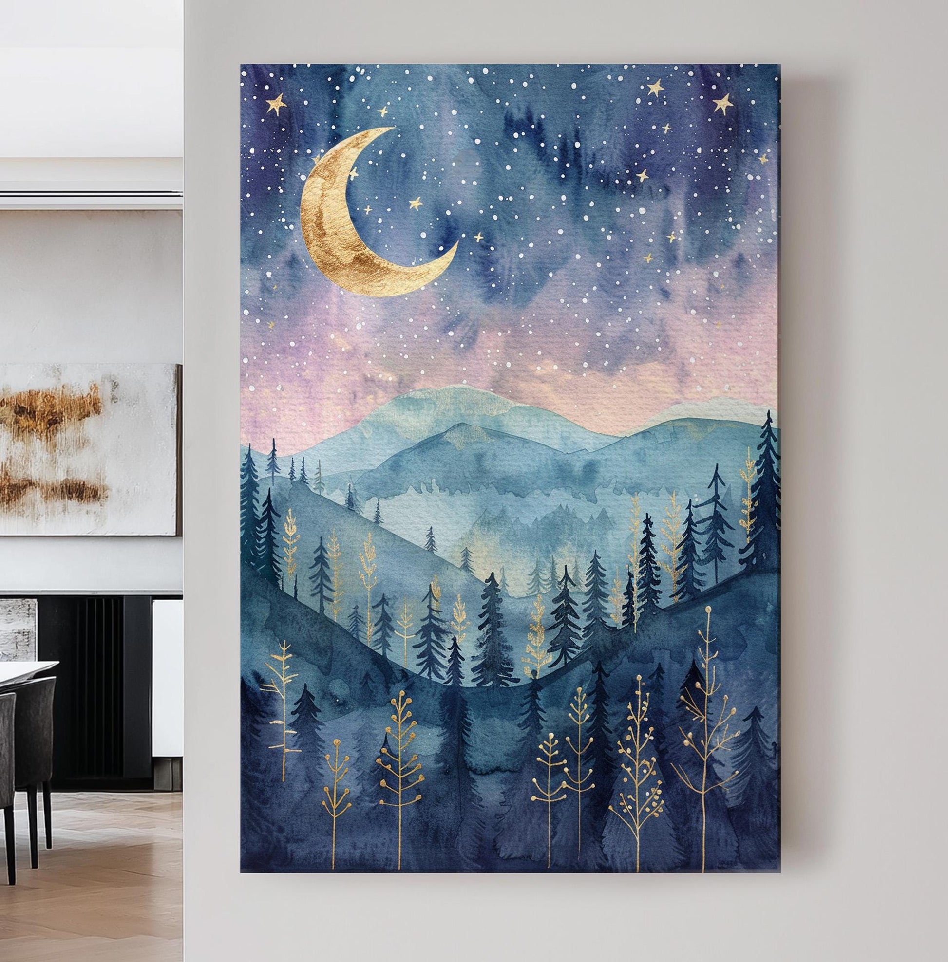Pink Sky Above Pine Trees Vertical Wall Art Enchanted Forest, Decor Fantasy Forest Canvas Print, Farmhouse Cabin Big Canvas Art