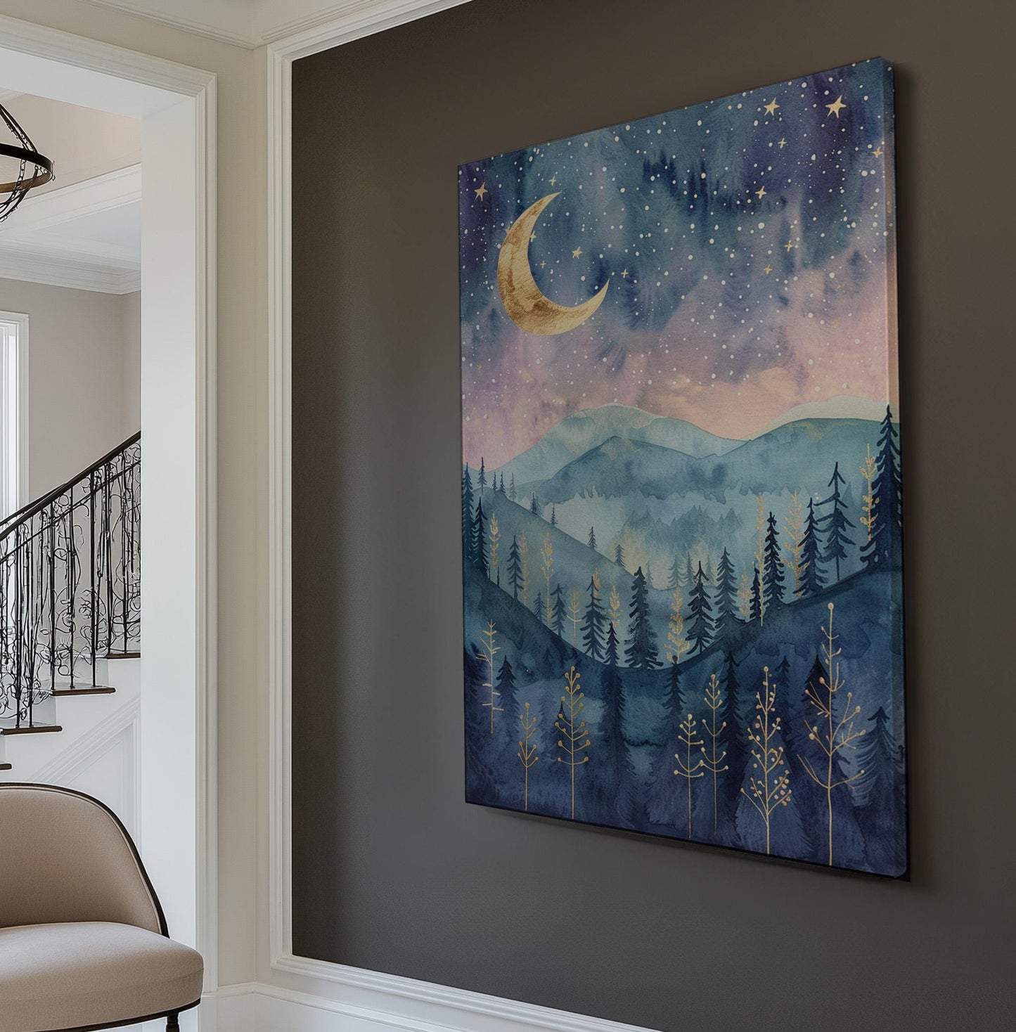 Pink Sky Above Pine Trees Vertical Wall Art Enchanted Forest, Decor Fantasy Forest Canvas Print, Farmhouse Cabin Big Canvas Art