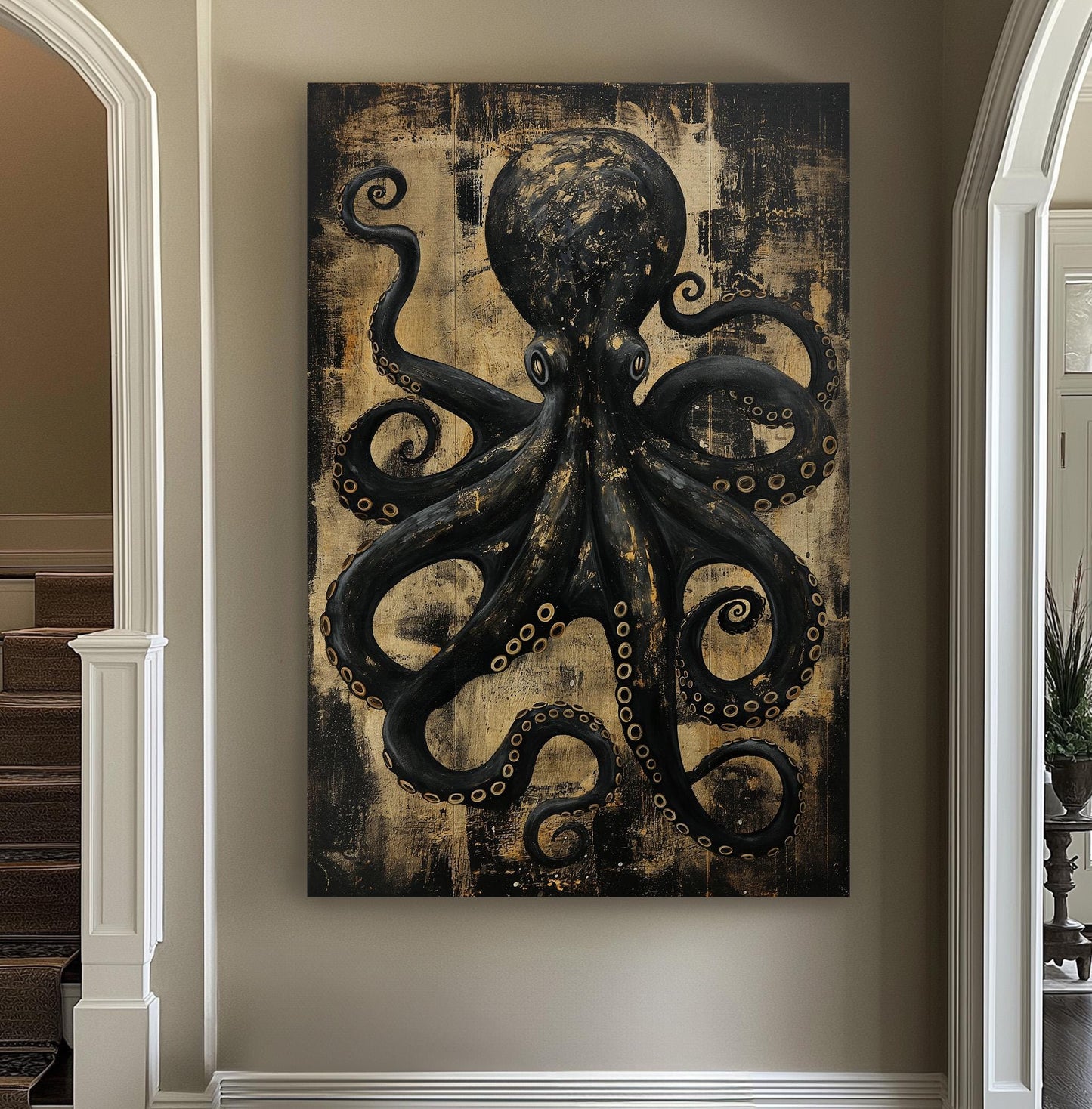 Mystic Octopus Vertical Wall Art Sea Creature, Decor Nautical Canvas Print, Beach House Big Canvas Art