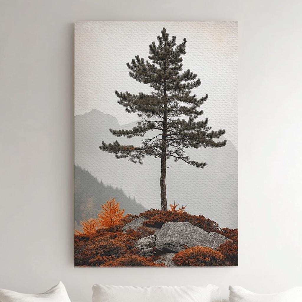 Lone Pine Tree At the Edge of the Mountain Vertical Wall Art Cozy Autumn, Decor Rustic Fall Canvas Print, Nature Big Canvas Art