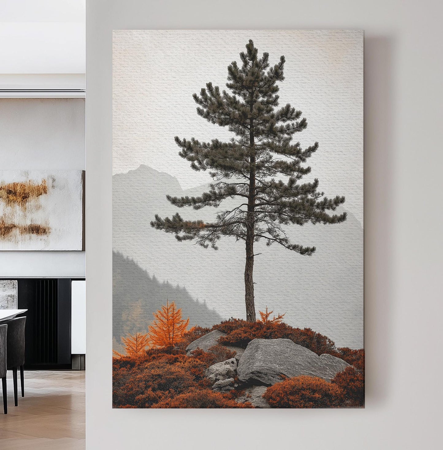 Lone Pine Tree At the Edge of the Mountain Vertical Wall Art Cozy Autumn, Decor Rustic Fall Canvas Print, Nature Big Canvas Art