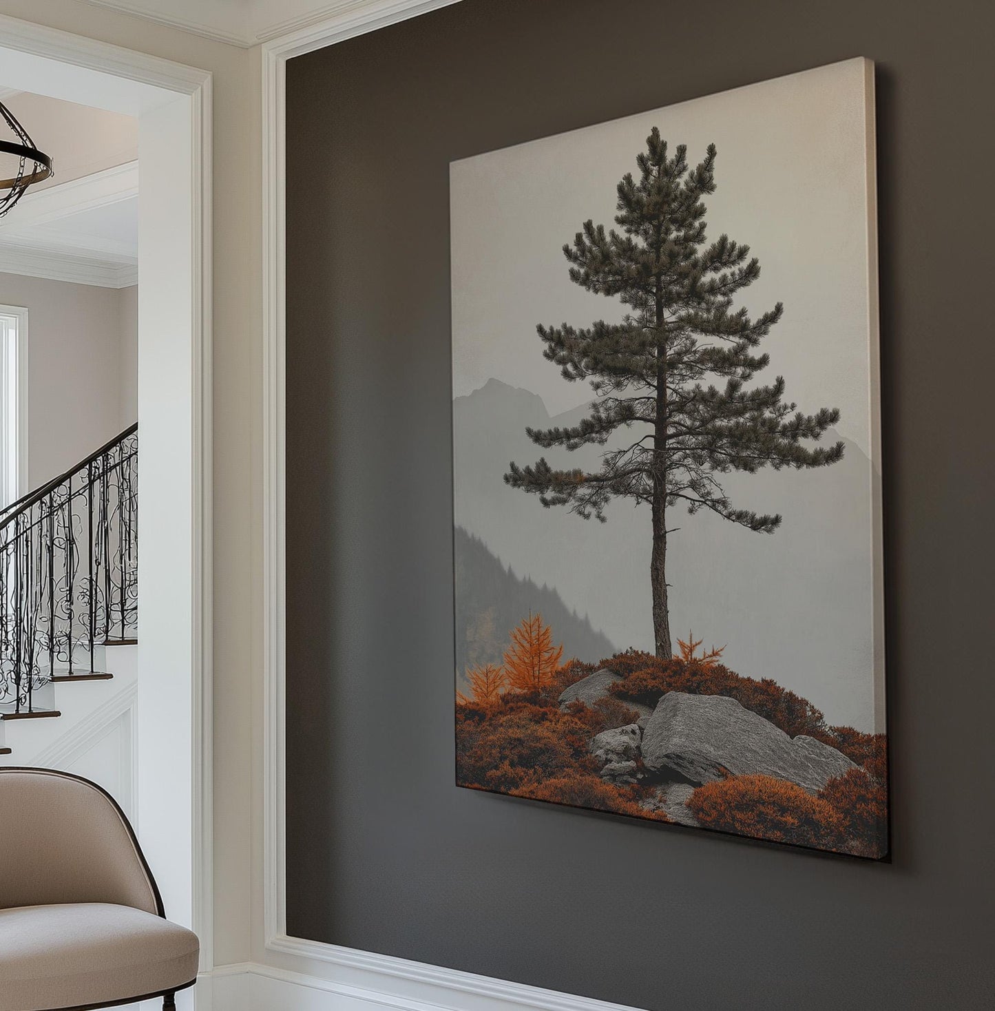 Lone Pine Tree At the Edge of the Mountain Vertical Wall Art Cozy Autumn, Decor Rustic Fall Canvas Print, Nature Big Canvas Art